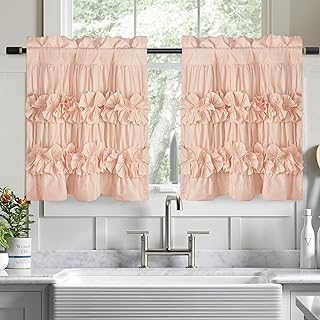 HIG 2 Pack Peach Ruffle Kitchen Curtains – Handcrafted Bow Tie Blackout ...