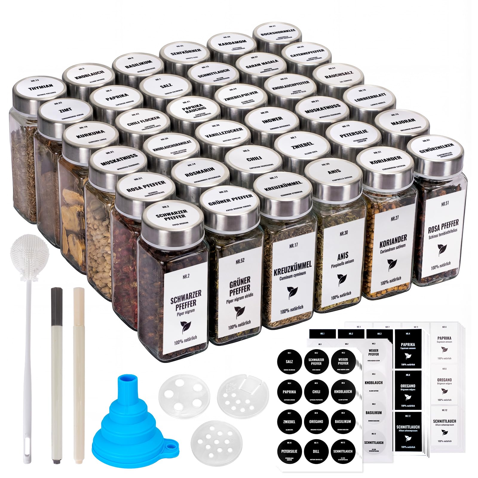 36 Piezas 120ml Botes Especias De Cristal, Botes Para Especias De Cristal | Tarros De Cristal Para Especias Con Etiqueta Alemana, Etiquetas En Blanco, Tamiz, Embudo Para Parrilla, Cocina
