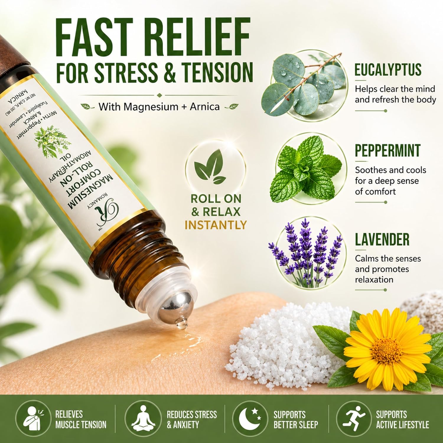 Migraine Relief Roll-On, Cooling Magnesium & Arnica Headache Relief | Cooling aromatherapy roll-on with magnesium, arnica, peppermint, lavender & eucalyptus for head, neck, temples and travel