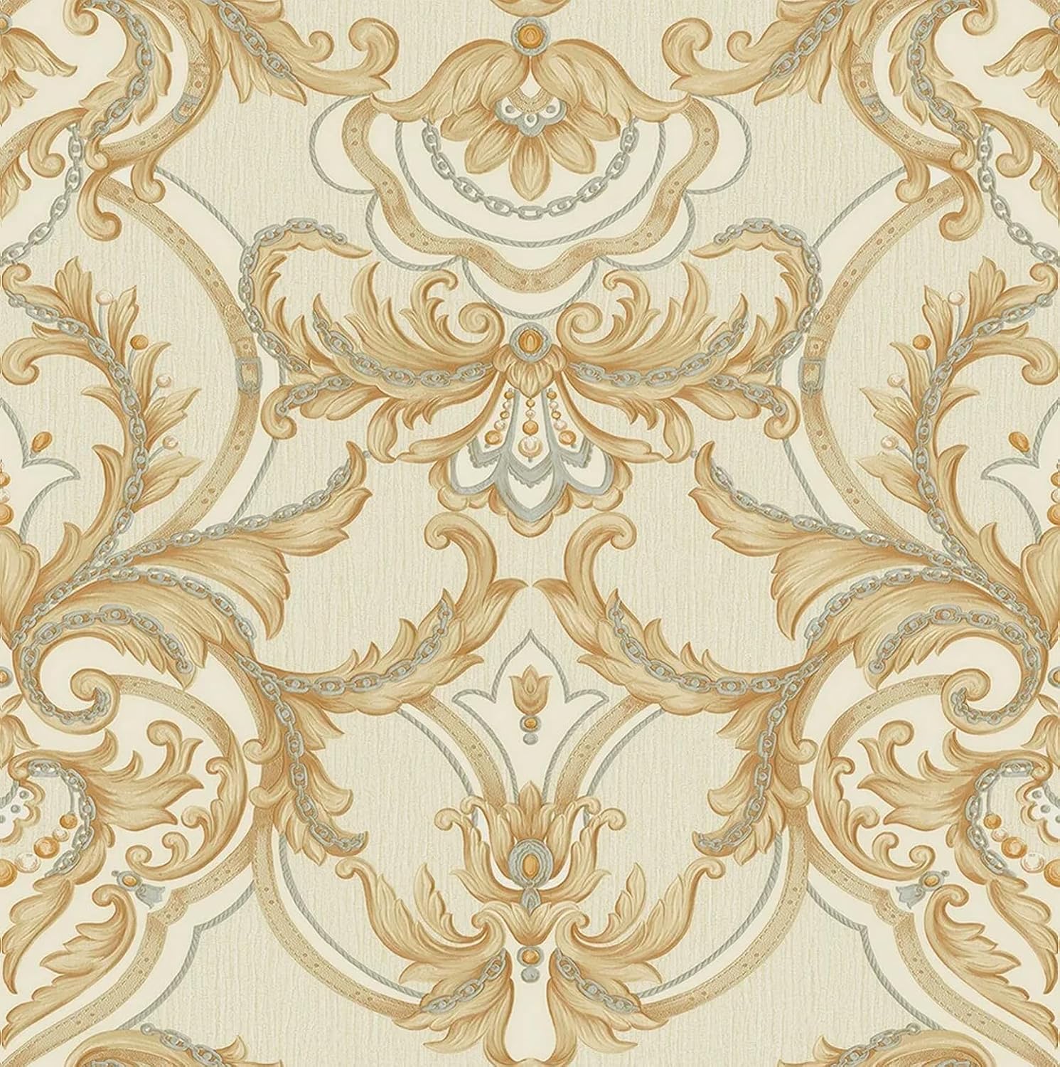 Vintage Damask Peel and Stick Wallpaper, 44 cm x 600 cm, Self-Adhesive Removable, Gold and Cream