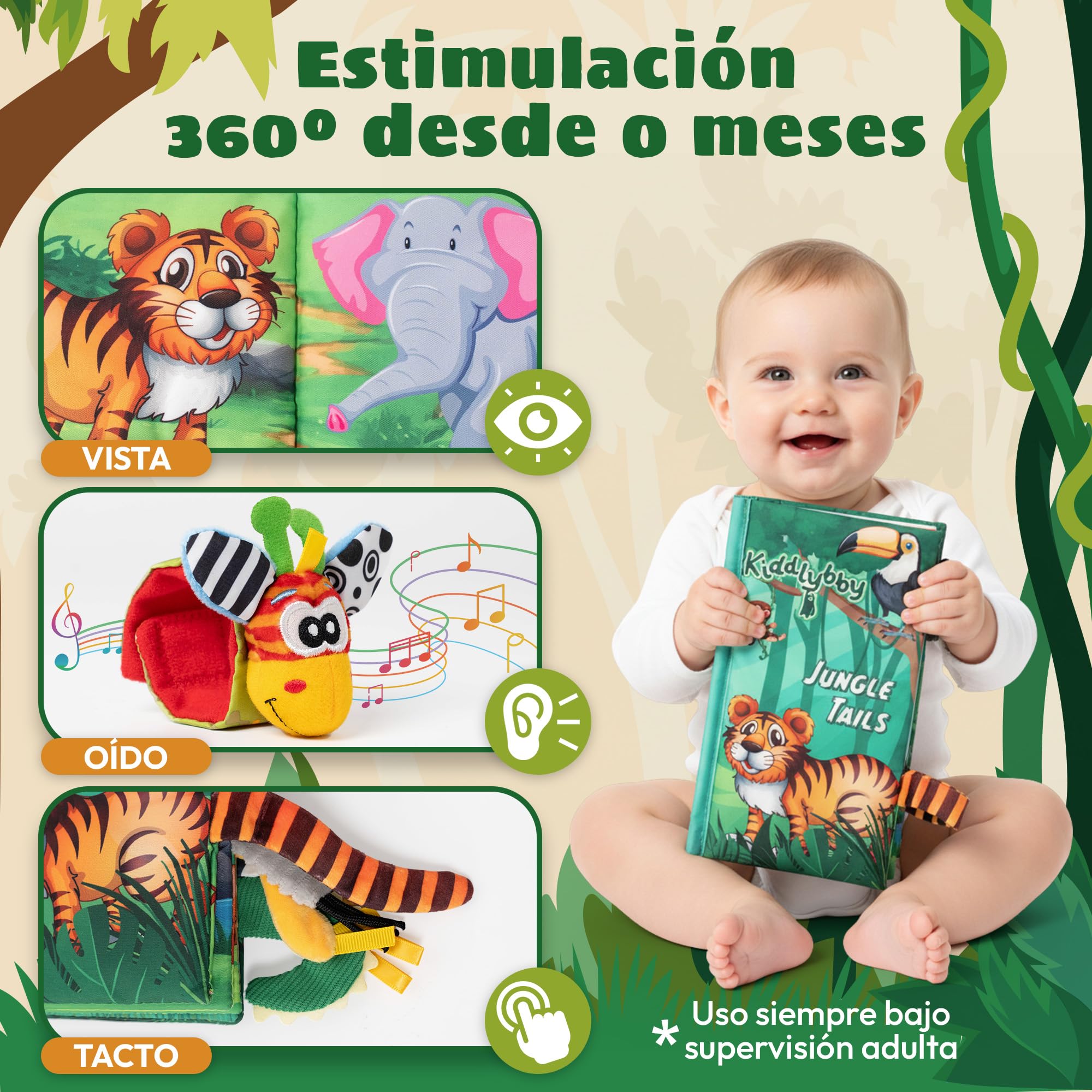 Set Sensorial Premium para Bebés 0-12 Meses: Libro de Tela Interactivo Jungle Tails + Calcetines y Muñequeras con Sonajeros | Estimulación Temprana Multisensorial | Regalo Educativo