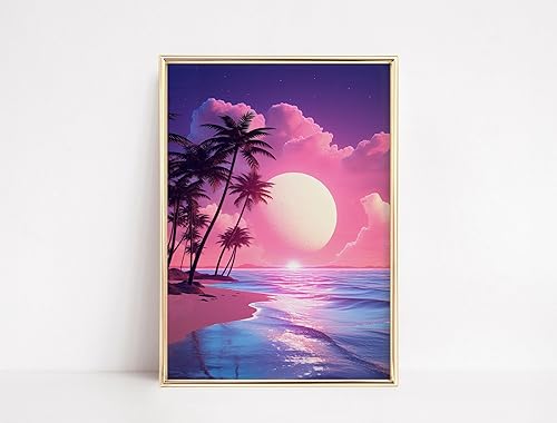 VAPORWAVE, SYNTHWAVE, RETRO Home Art, Game Room Poster Prints, Hiroshi Nagai, Sunset Palms beach tropical, VAPORWAVE Poster,228