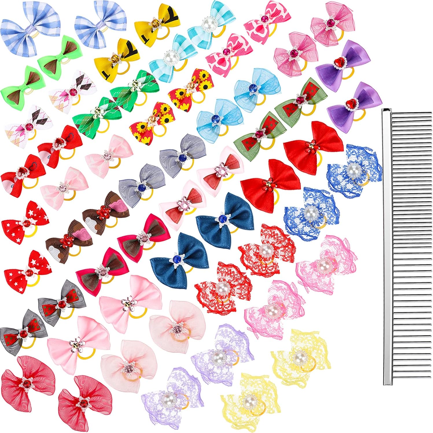 60 Pieces Dog Hair Bows with Rubber Bands Multi-Design Bowknot Dog Hair Ties Colorful Cute Dog Bow Pairs Rhinestone Faux Pearl Flower…