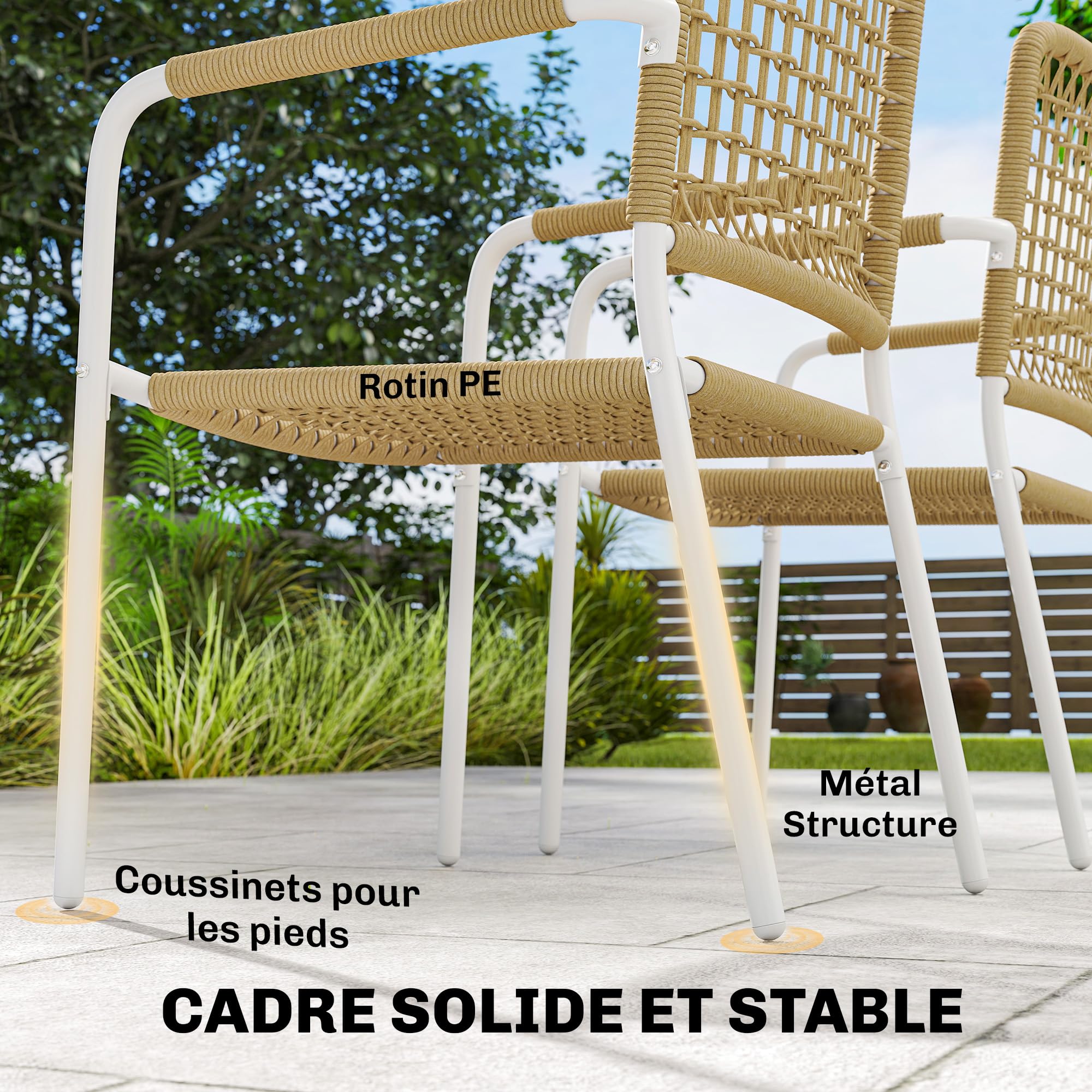 Outsunny Lot de 2 Chaises de Jardin en Résine Tressée Empilables Jaune | Chaise de Salle à Manger, avec Accoudoirs et Dossier, Fauteuil de Jardin Exterieur, pour Balcon Terrasse Patio