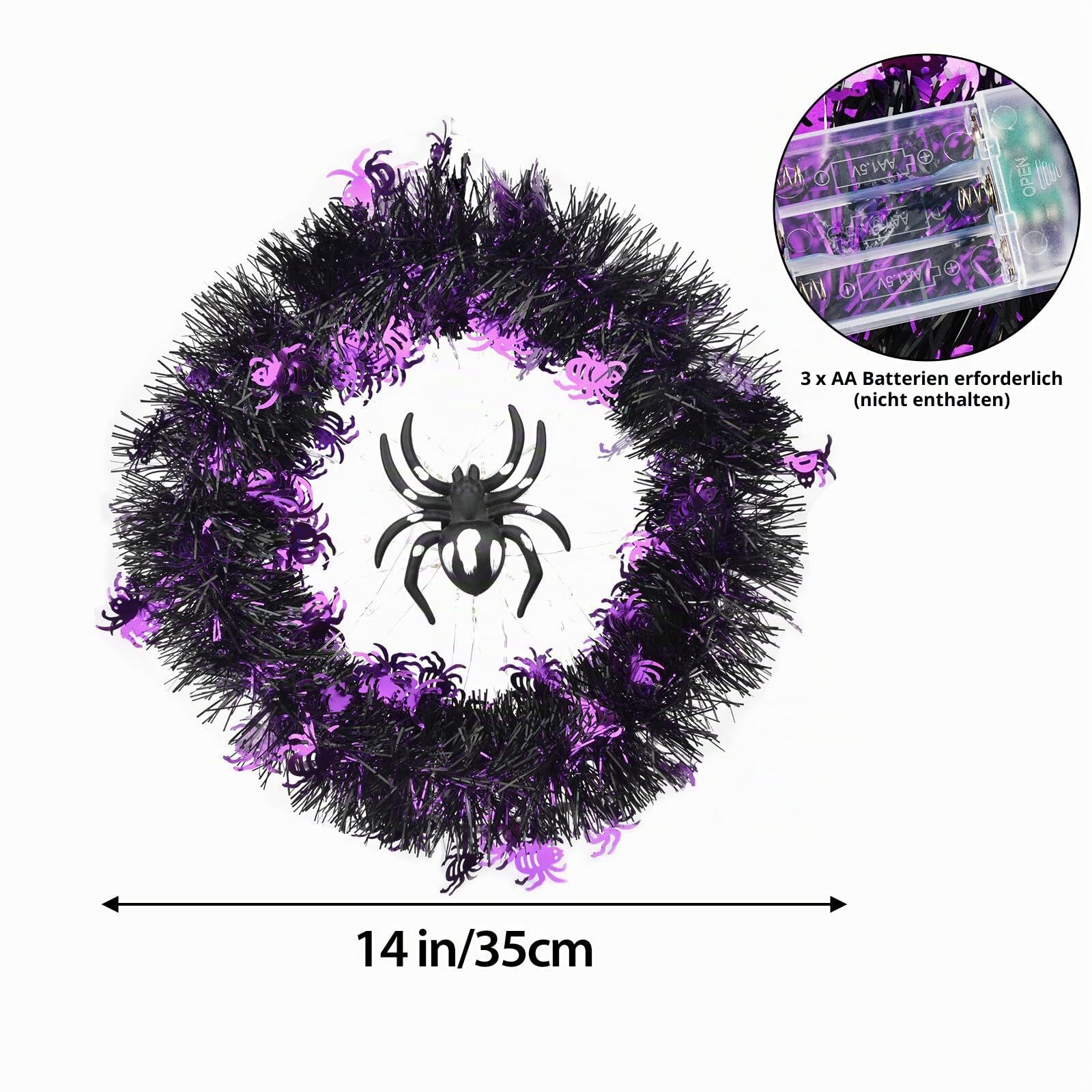 Halloween Türkranz mit Lichtern, künstliche Spinne Girlande Halloween Deko mit violetten Lichtern Halloween Dekorationen für Außen Innen Wand Atmosphere Decoration LED