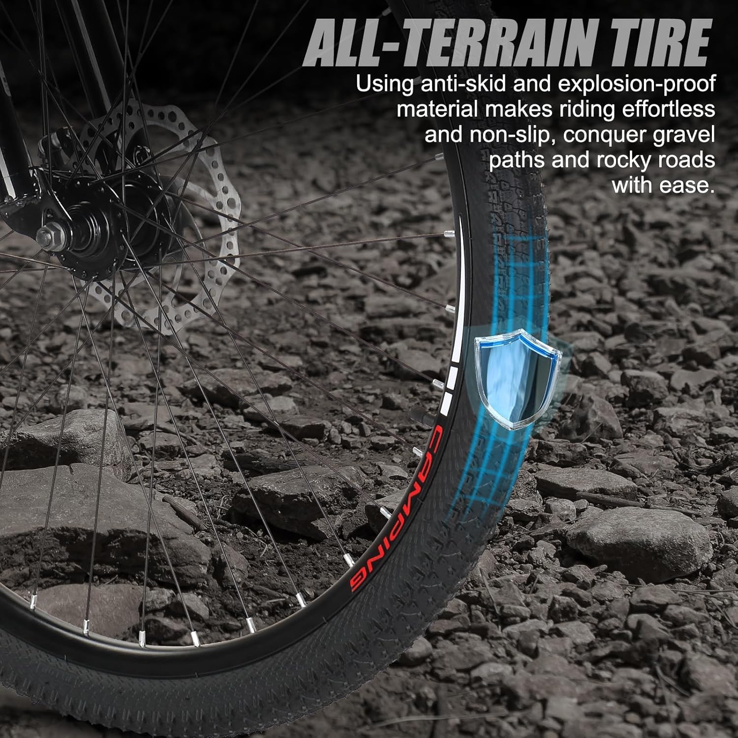 Close-up of Ktaxon mountain bike front wheel with disc brake
