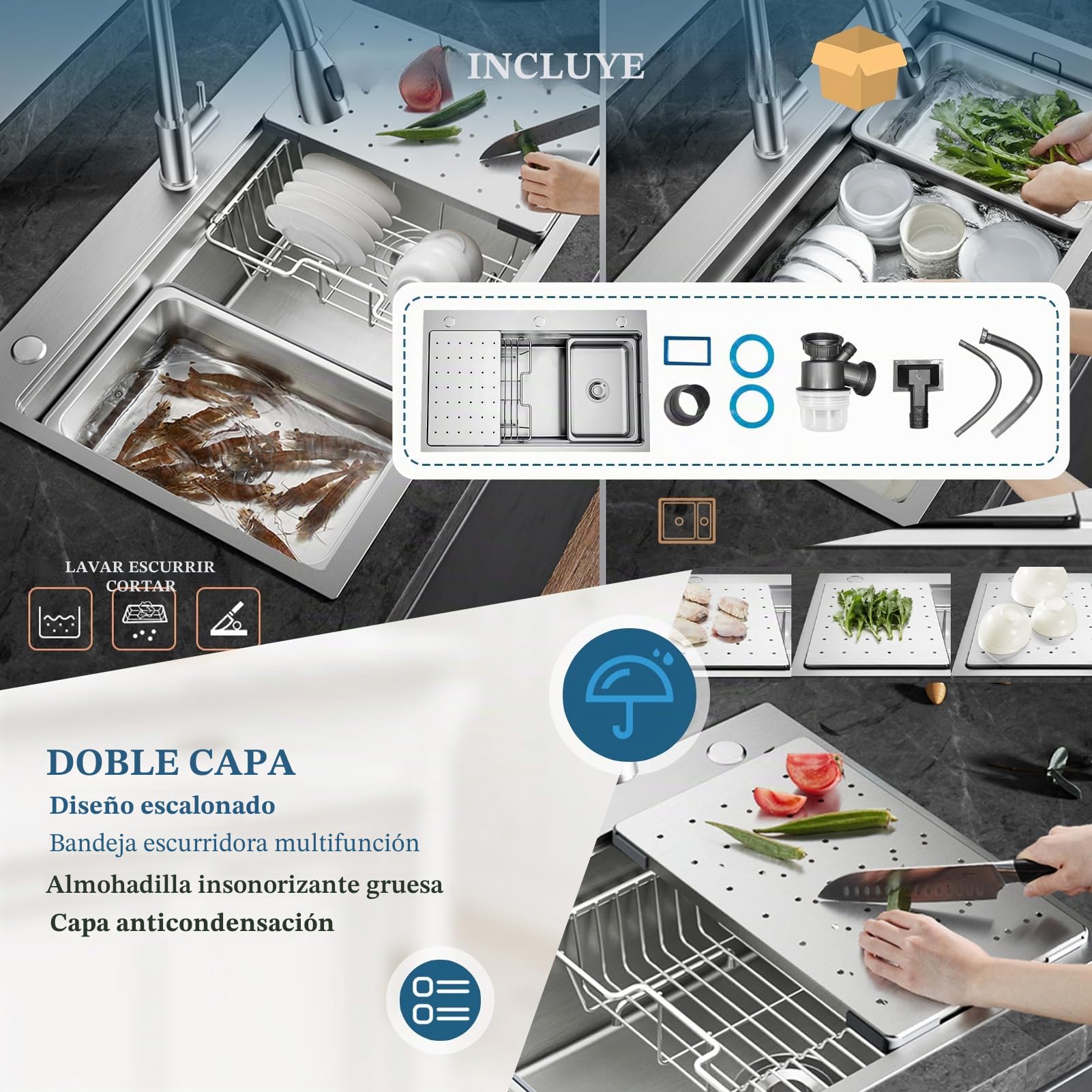 Fregadero de cocina multifunción de 65 x 50 cm, de acero inoxidable 304, hecho a mano, fregadero de cocina grande de una bañera, instalación a ras o sobre encimera con bañera extraíble