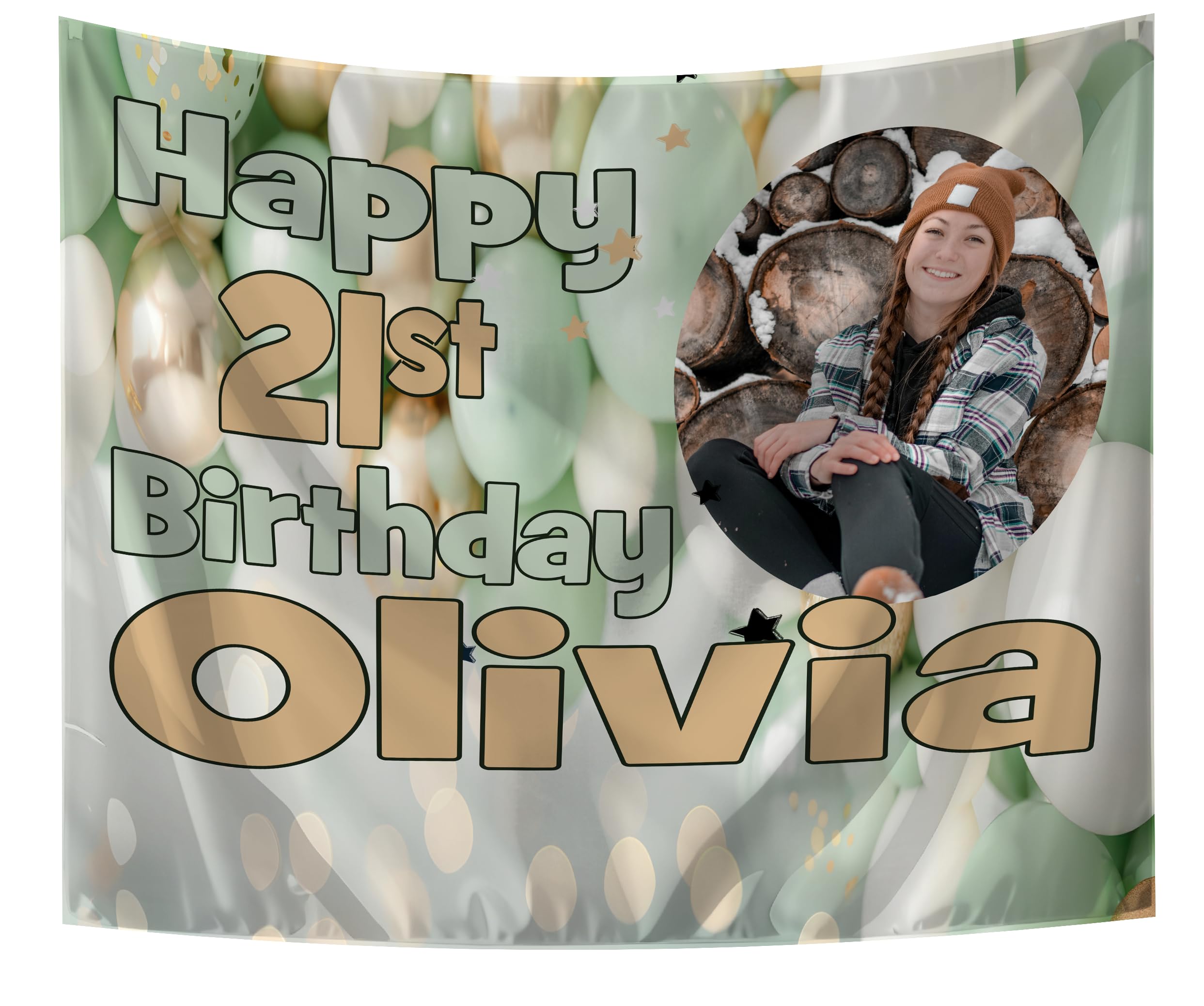Large Personalised Birthday Backdrop with Photo Happy Birthday Banners for Men or Women Any Age 18th 21st 50th 60th 40th 16th 70th 30th Party Decorations Her Him Indoor Outdoor (Sage Green & Gold)