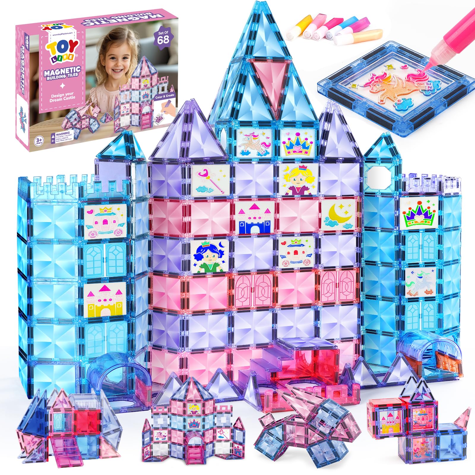 TOY Life Magnetic Tiles 68pcs Princess Castle Magnet Tiles with Windows Art, Building Toys Girls Magnet Tile for Toddlers 3+, Magnetic Tile Art for Kids Ages 4-8, Craft Toys Gifts for Kid