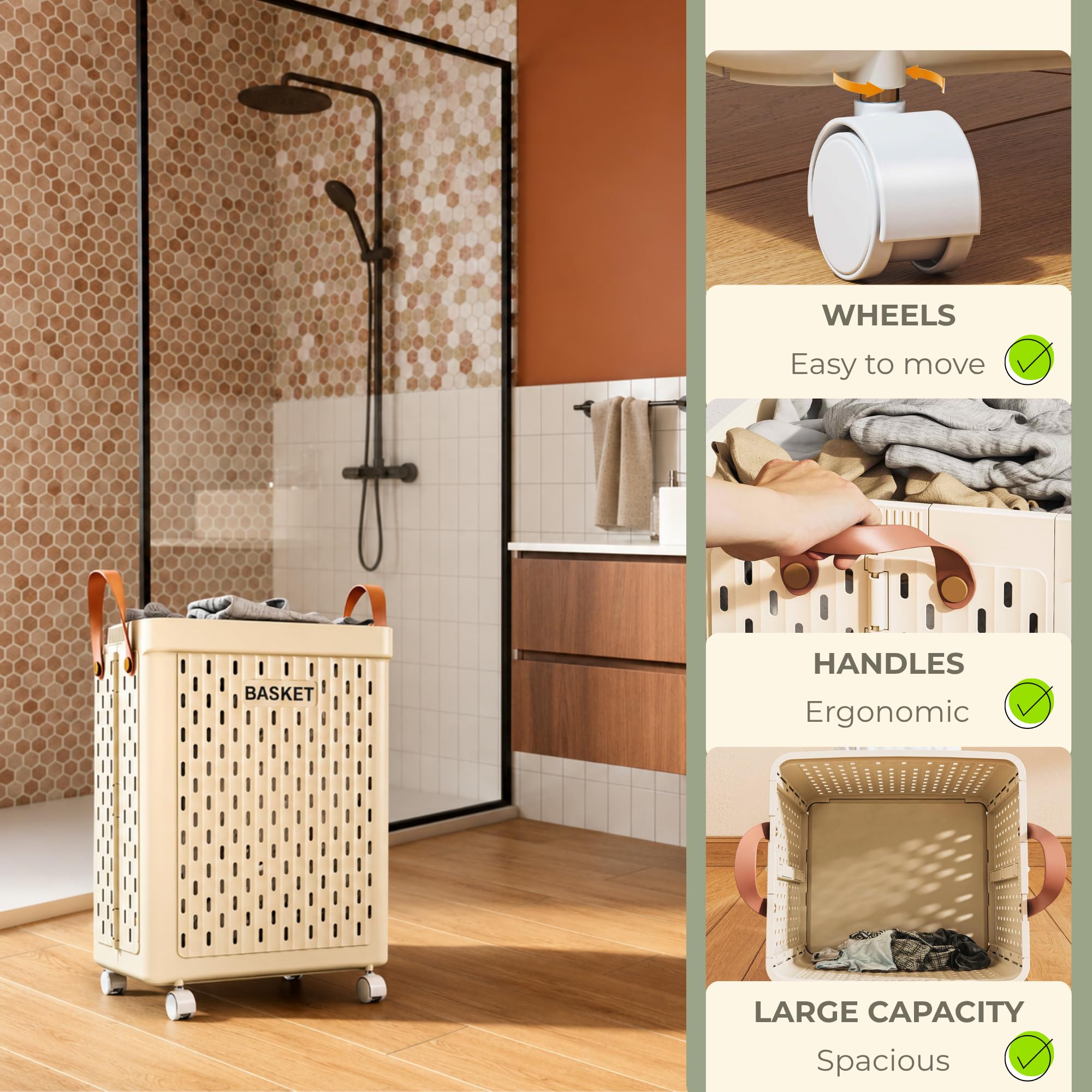 Cesto Porta Biancheria Pieghevole con Ruote, Grande Cesto per Bucato con Maniglie, Ideale per Bagno, Camera e Lavanderia. (50×32×23 cm)