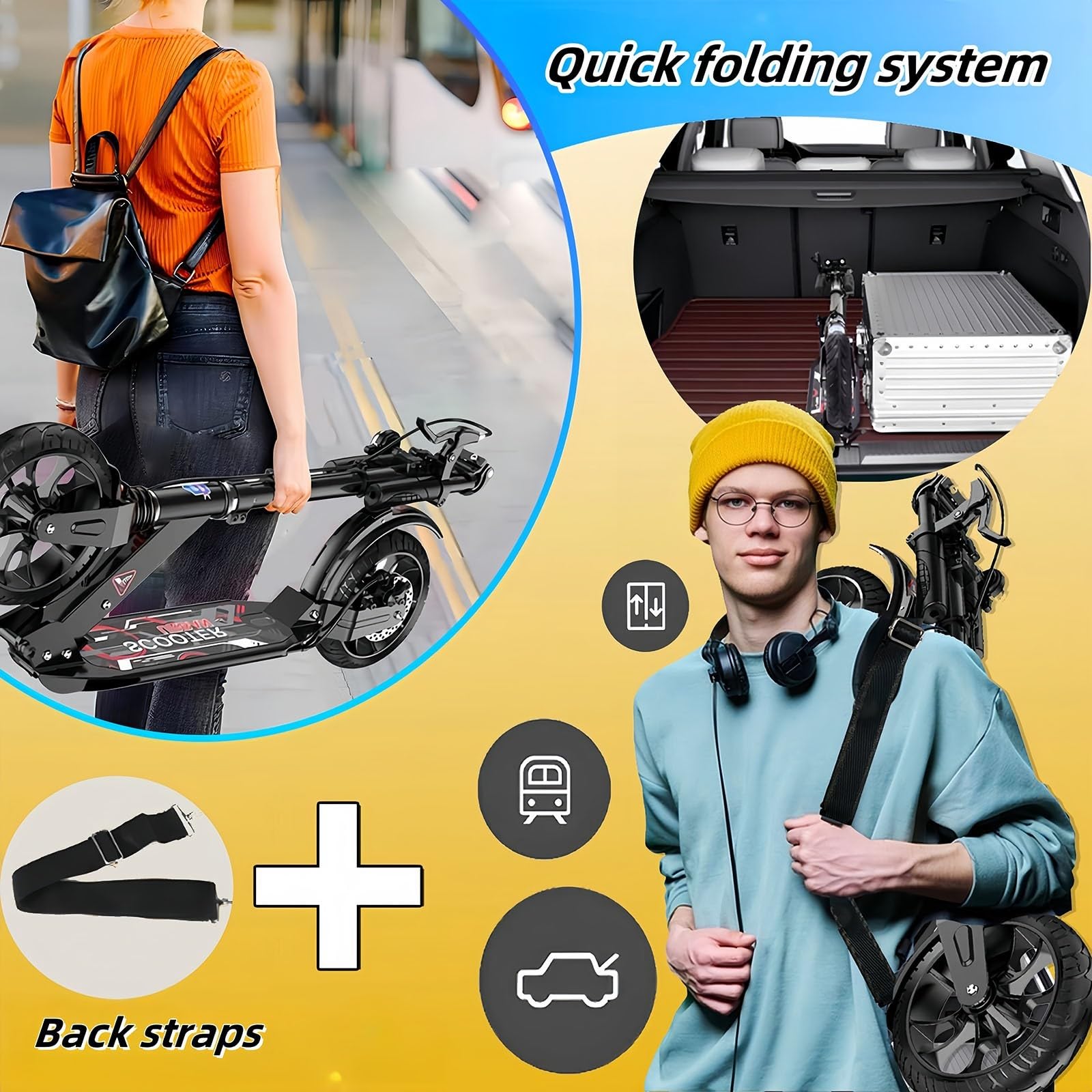 Monopattino Per Adulti 200Mm Big Wheel City Scooter Con Freni E Ammortizzatori, Capacità Di Carico 150 Kg, Altezza Regolabile, Monopattino Per Bambini Da 8 Anni