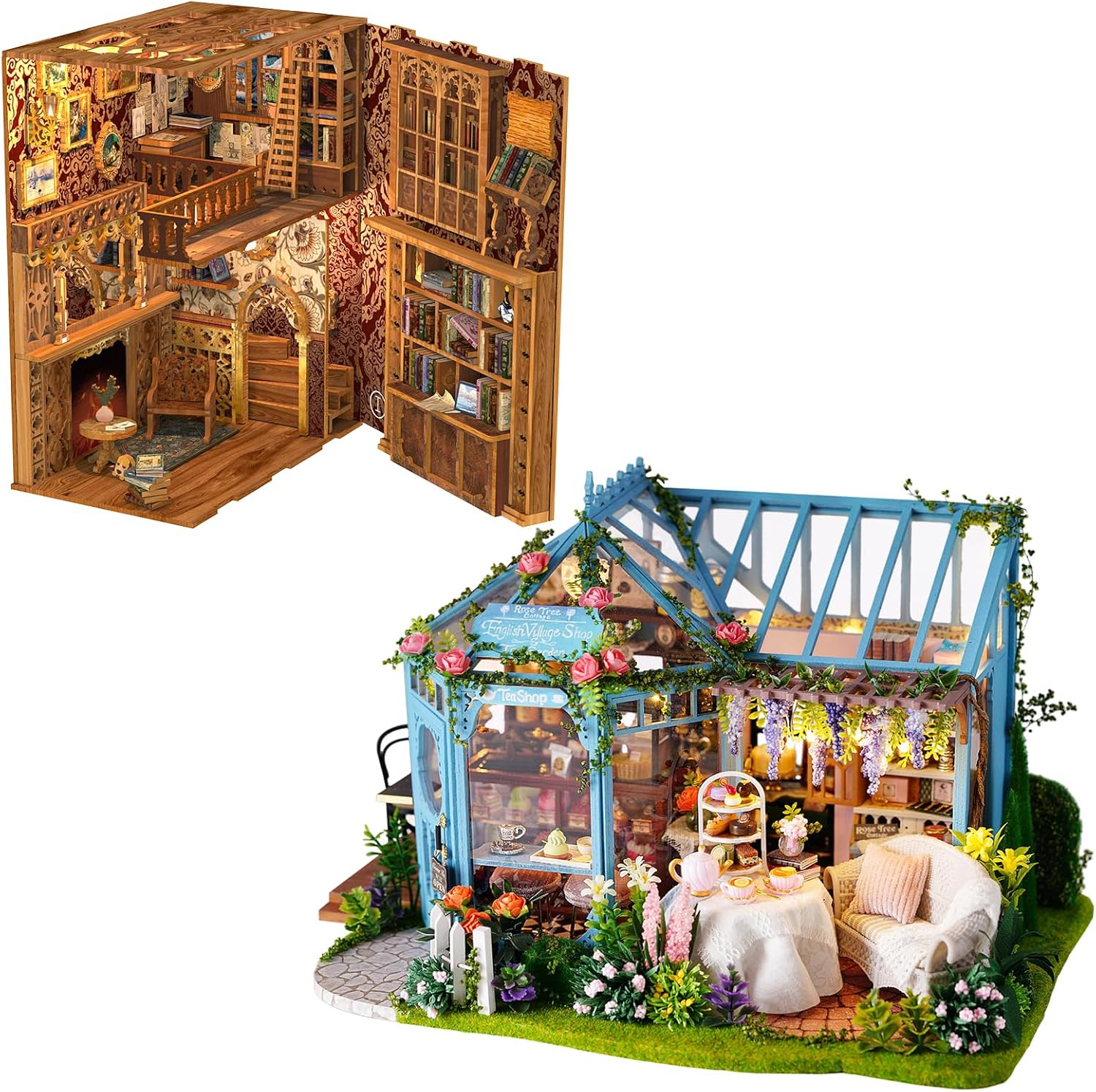 CUTEBEE DIY Miniature House Kit Dollhouse Book Nook Kit Tiny House Library Mini Home Model Building Rose Garden Gift Kit Creative Birthday Gift Idea Party Favor