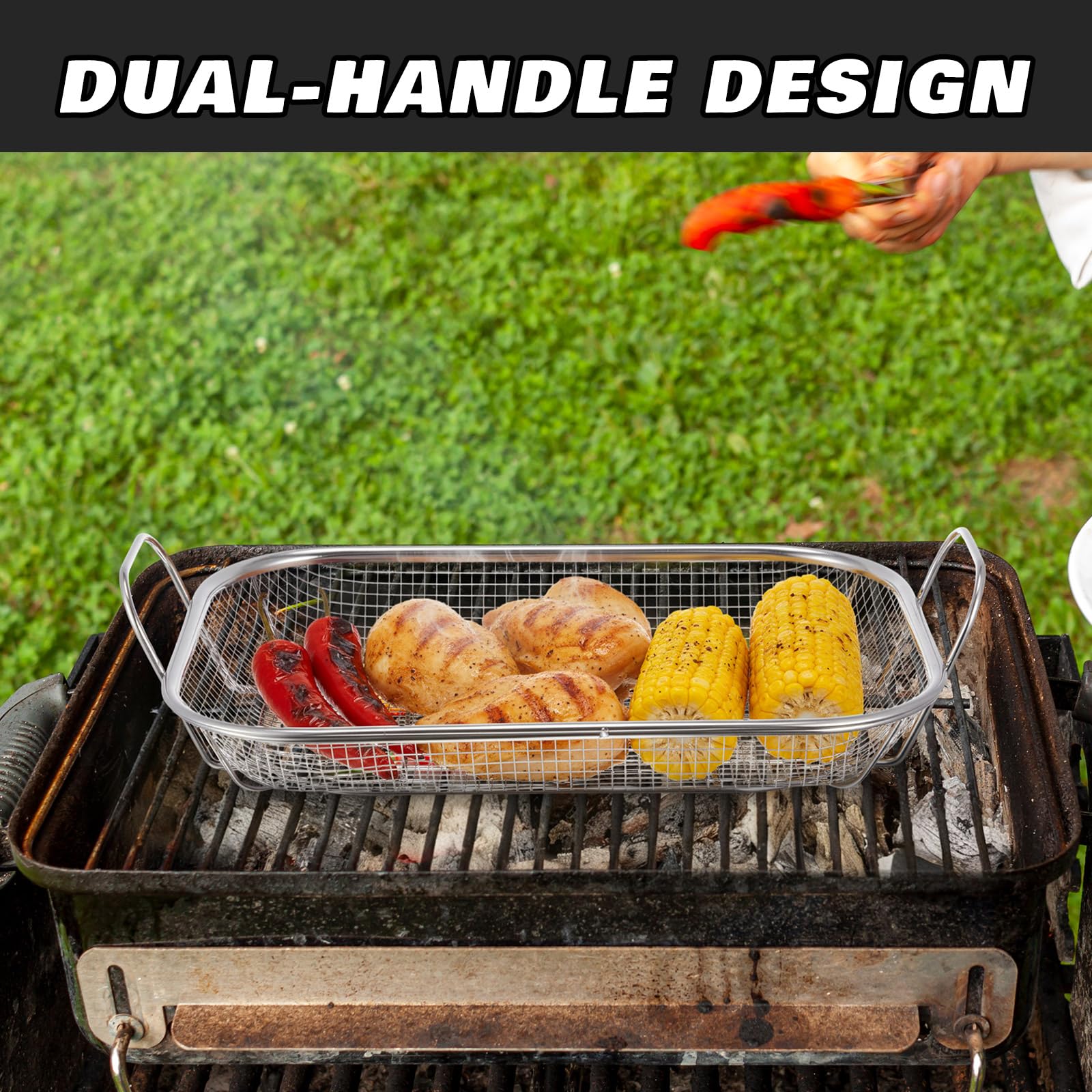 LemonRoad 2 pezzi in acciaio inox griglia arrosto cestino esterno, 38 x 28 cm grande verdure e carne barbecue cestino con due manici, lavabile in lavastoviglie