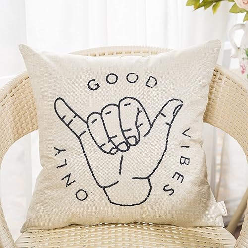 Miniatura 4 de Good Vibes Only Aloha Hand Gesture Hang Hand Symbol Motivacional Sign Cotton Linen Home Funda de cojín decorativa con palabras para sofá 16 x 16