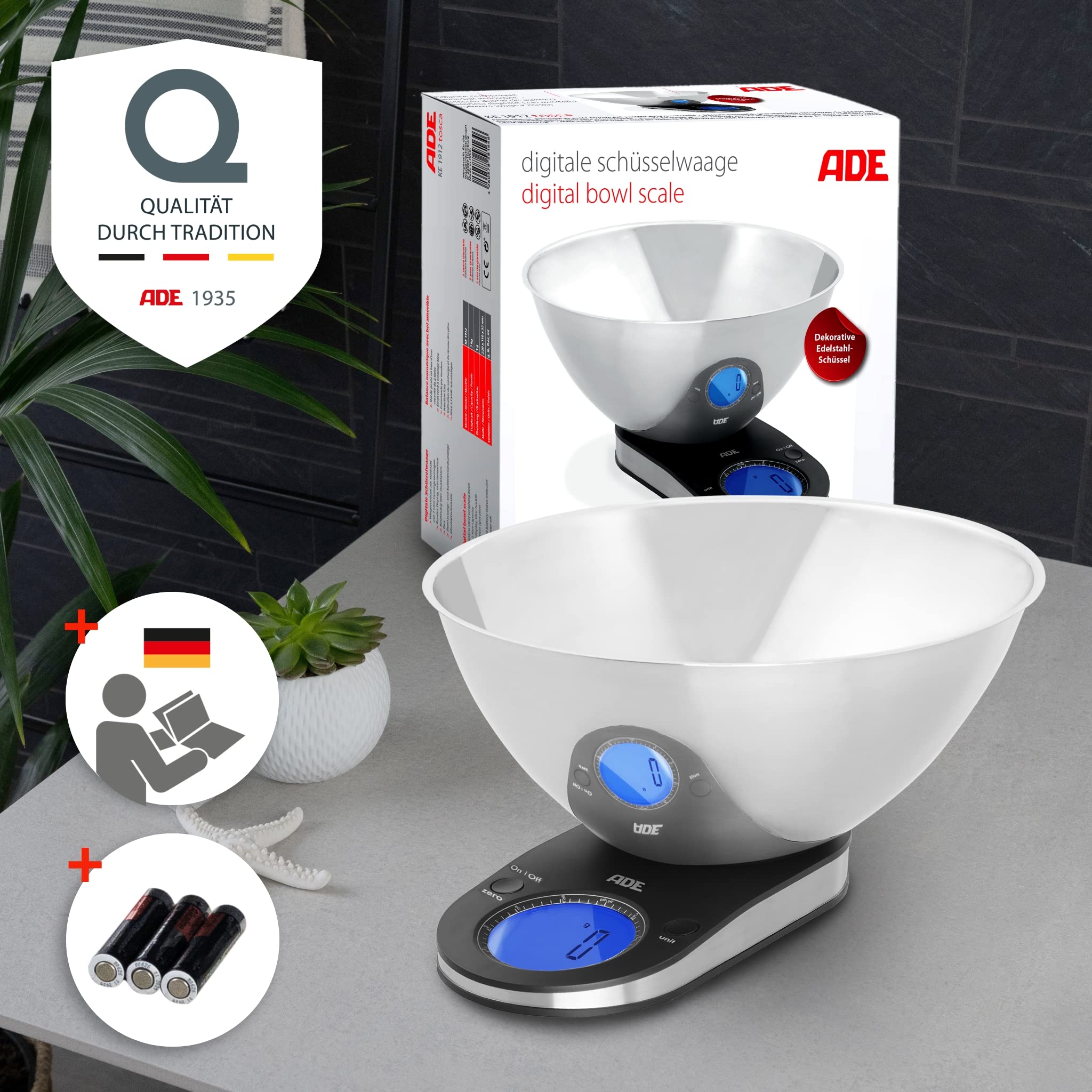 ADE Digitale Küchenwaage mit Schüssel aus Edelstahl | sehr präzise Grammwaage bis 5 kg | große Ziffern, gut ablesbar | hochwertige abnehmbare 2 l Schüssel
