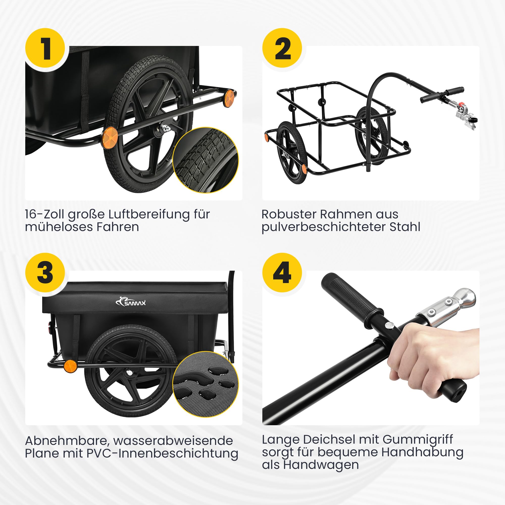 SAMAX Lastenanhänger Fahrradanhänger 90 Liter 80 Kg mit Kupplung Schutzplane und Verbindungsschelle - Transportanhänger Fahrrad Anhänger Handwagen mit Kunststoffwanne in Schwarz - Mountain