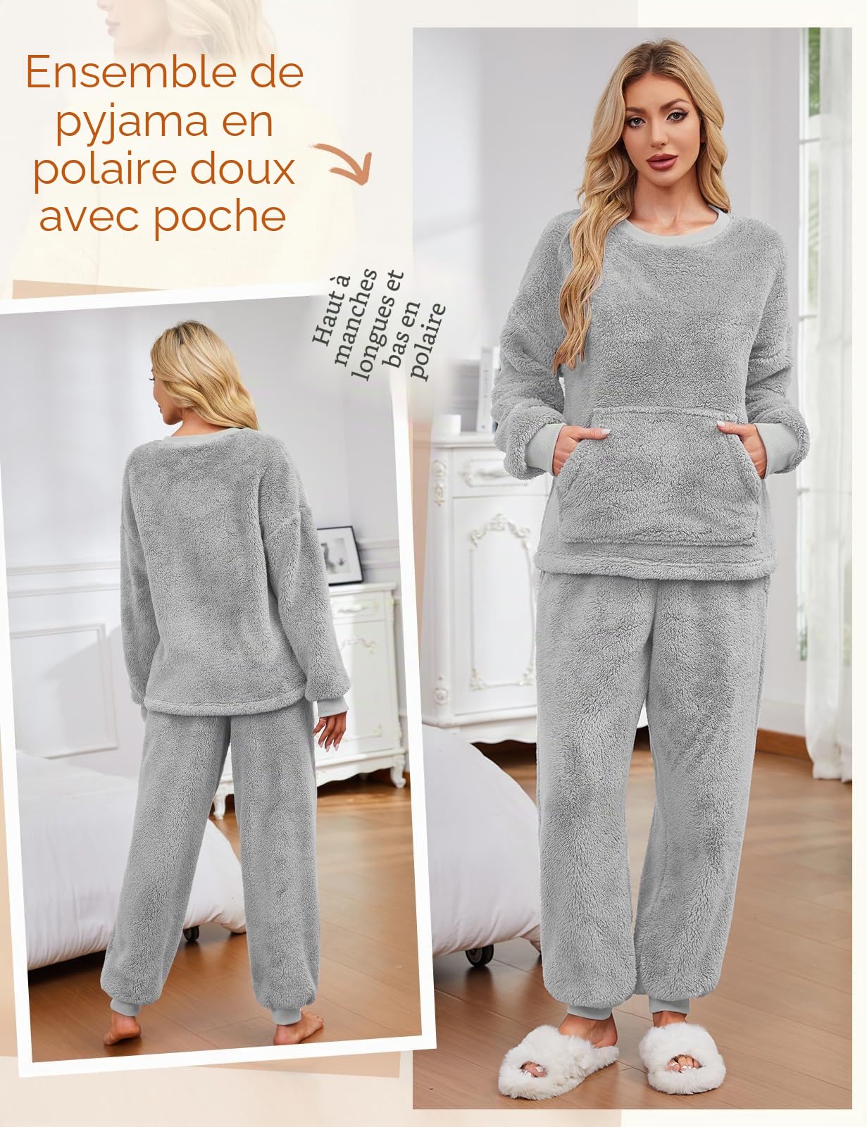 Niwicee Pyjama Femme Hiver Polaire Ensemble de Pyjama Chaud Pyjamas en Flanelle Douce Vêtements de Nuit à Manches Longues avec Poches Cadeau Noël S-XXL