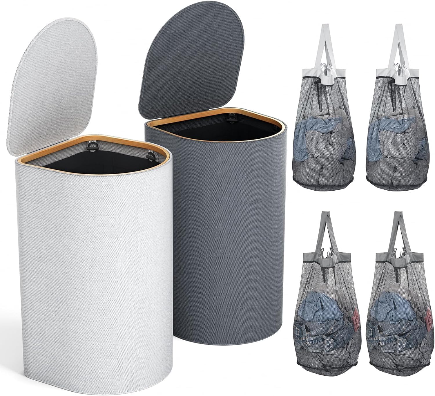 Pack of 2 Laundry Baskets with Lid, 140 L Large Capacity, Laundry Hamper with 2 Compartments for Sorting Dirty Laundry, 4 Removable Inner Bags, Laundry Baskets, Easy to Assemble, Beige/Light