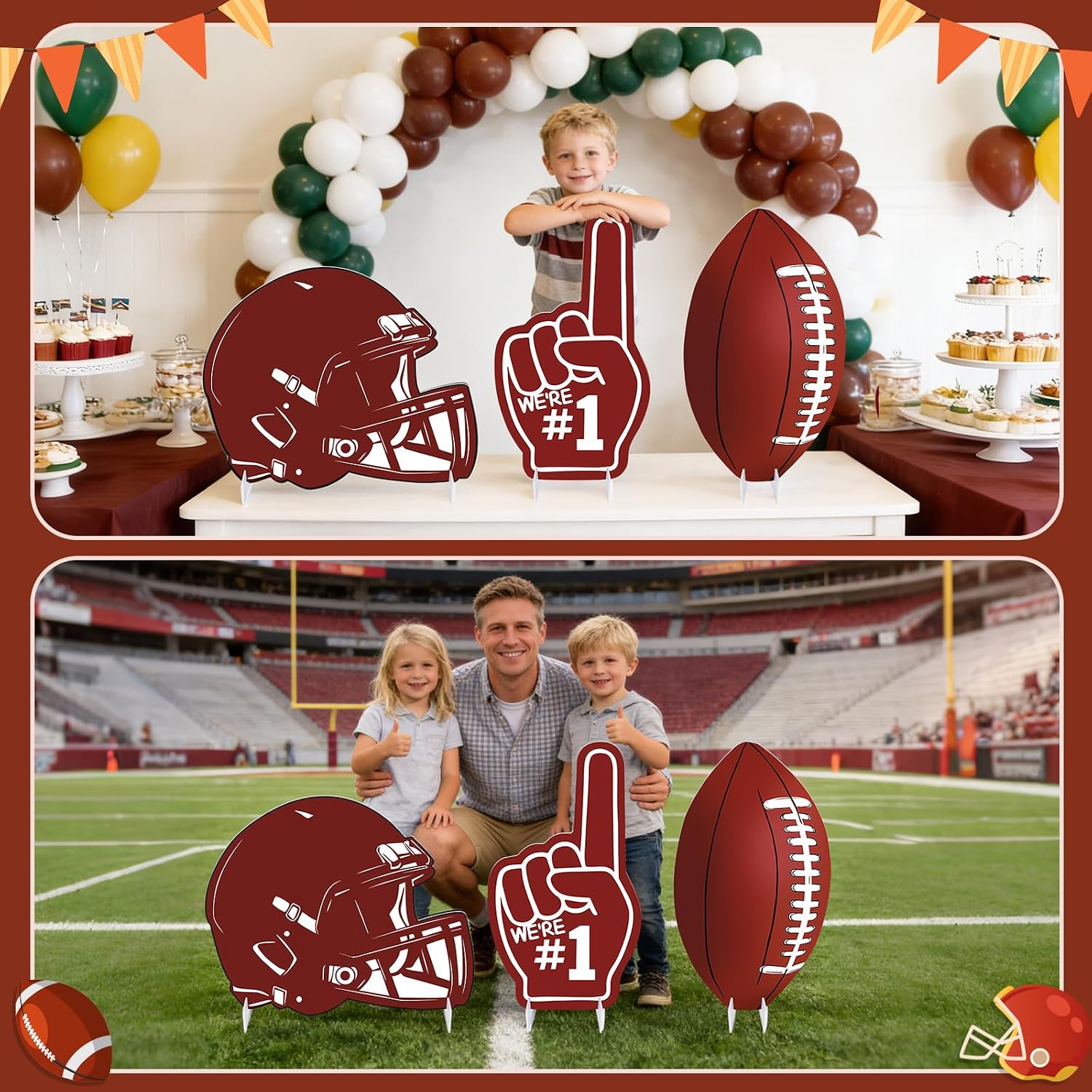 3 Pcs Large Football Cardboard Cutout Stand-Up, 20 Inch Football Party Decorations 3D Football Helmet Photo Props Backdrops for Birthday Baby Shower Graduation Game Day Sports Theme Party Supplies