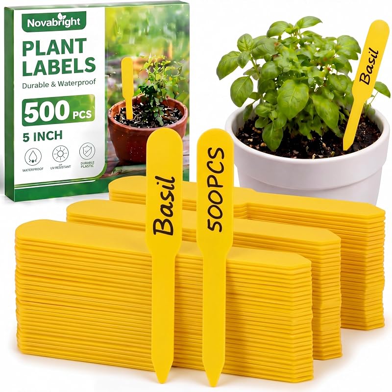 Novabright 500 Pcs Plant Labels 5 Inch Plastic Plant Name Tags for Seedlings Garden Label Markers Nursery Plastic Planting Seed Labels for Outdoor Garden Waterproof Label Pot Stakes(Yellow)