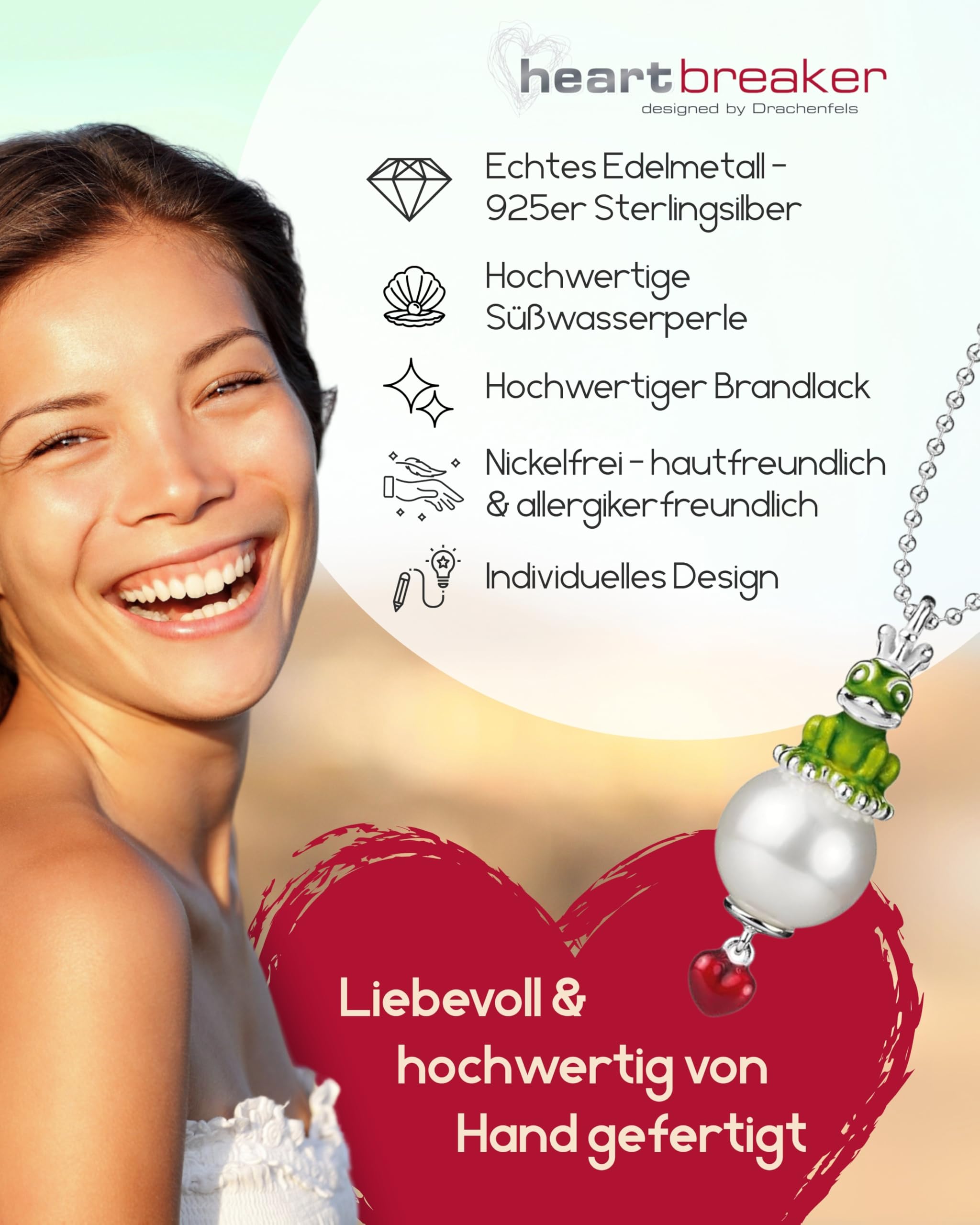 Heartbreaker "Froggy" Frosch-Anhänger mittelgroß I Edler Kettenanhänger aus 925 Sterling Silber I Nickelfreier Silber-Anhänger mit Muschelkernperle I In Goldschmiedequalität gefertigt I LD FG 35 GR