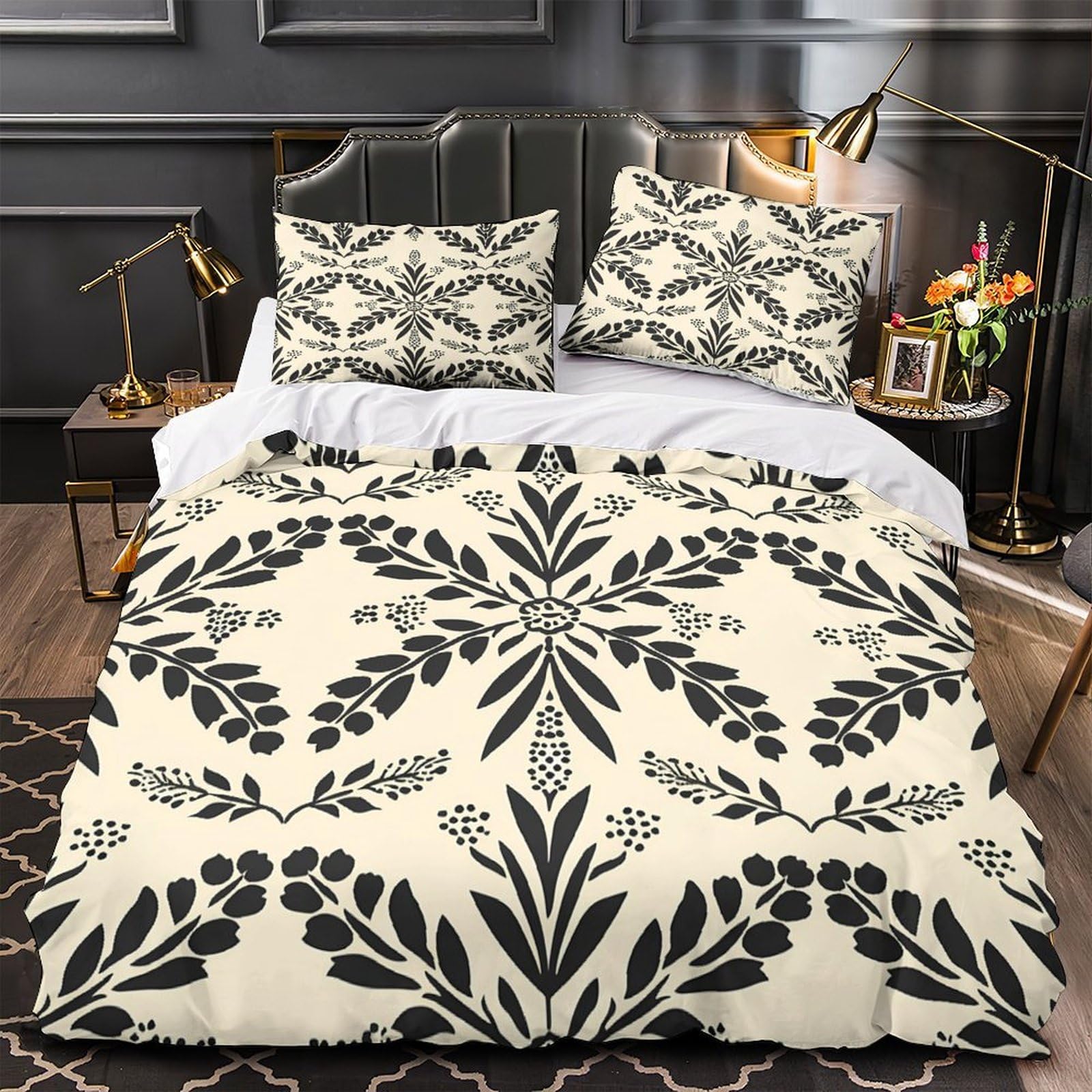 Housse de couette motif floral noir 140x200 microfibre