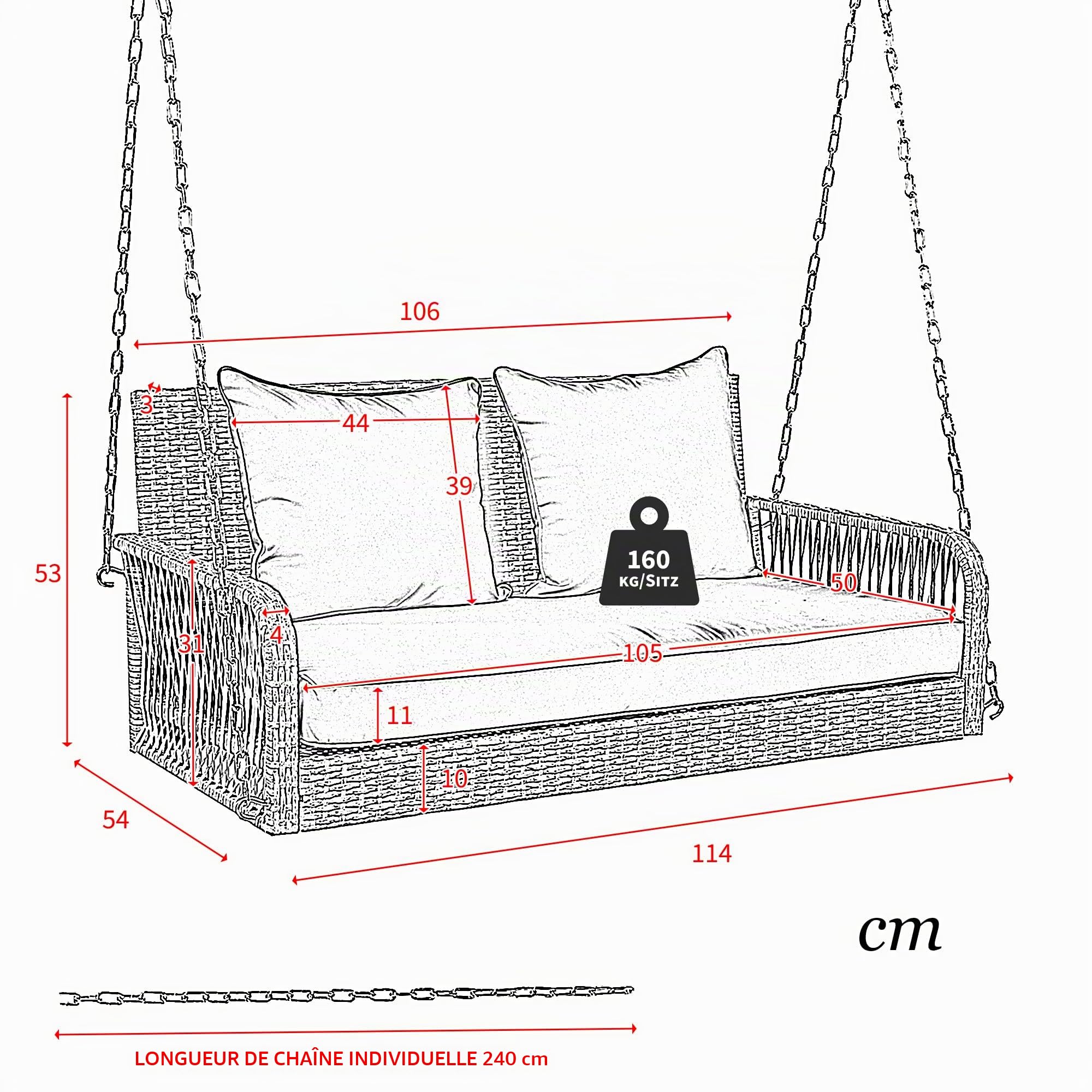 BTM Balancelle de Jardin 2 Places avec Coussins Gris Amovibles, Balançoire Suspendue de Jardin en Rotin, Balançoire Hollywoodienne avec 2 Chaînes en Métal, Chaise hamac Suspendue, Beige