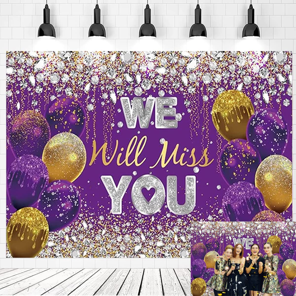 We Will Miss You Backdrop Going Away Party Decorations Purple and Gold Glitter Balloons Sliver Diamonds Photography Background Colleague Farewell