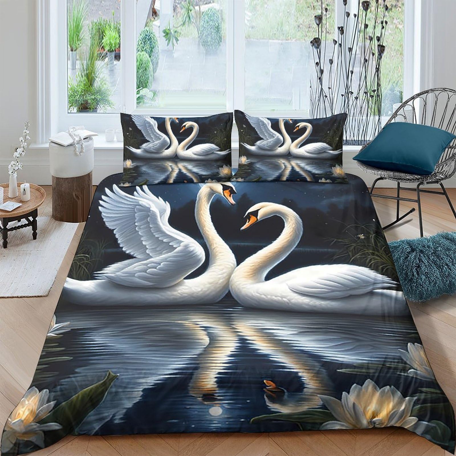 Ctjqhvkz Style-4 3D Printed White Swan Fitted Sheet Microfiber Soft Water Reflection Bed Cover For Bedroom Guest Room Mattress Protector Single（135X200cm）
