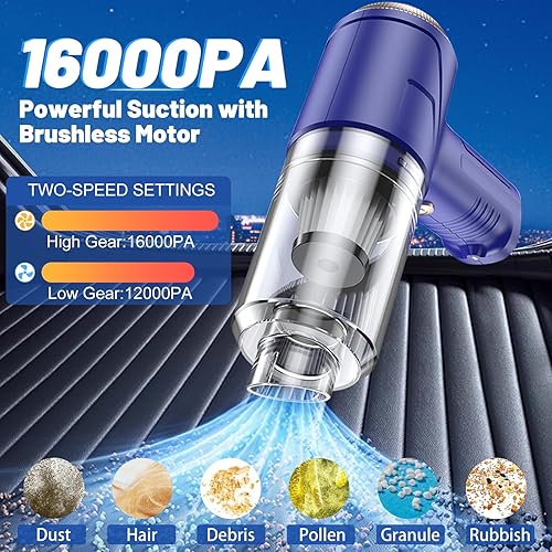 Miniatura 2 de Aspirador de mano inalámbrico para automóvil, 16000Pa, aspiradora portátil 4 en 1 y plumero de aire con luz LED de 120 W de alta potencia, múltiples