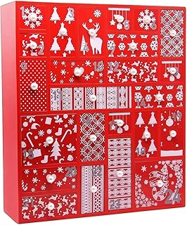 Juegoal Red Advent Calendar with 24 Drawers Countdown to Christmas, Refillable Wooden Advent, 15 Inches Tall