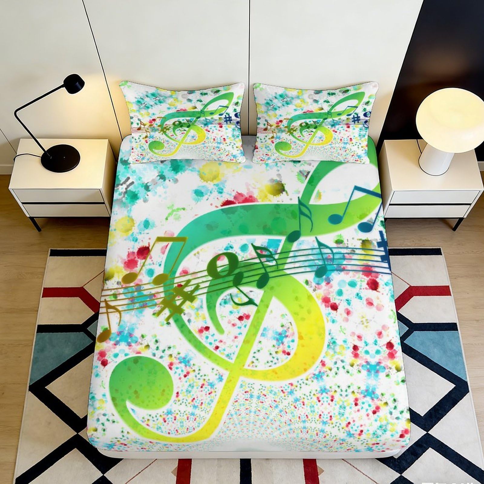 3D Printed Musical Notes Fitted Sheet Microfiber Deep Pocket Non-Slip Elastic Music Pattern Mattress Fitted Cover Bedroom Bedding Set for Adults Youth 200x200x25cm 90x200x25cm