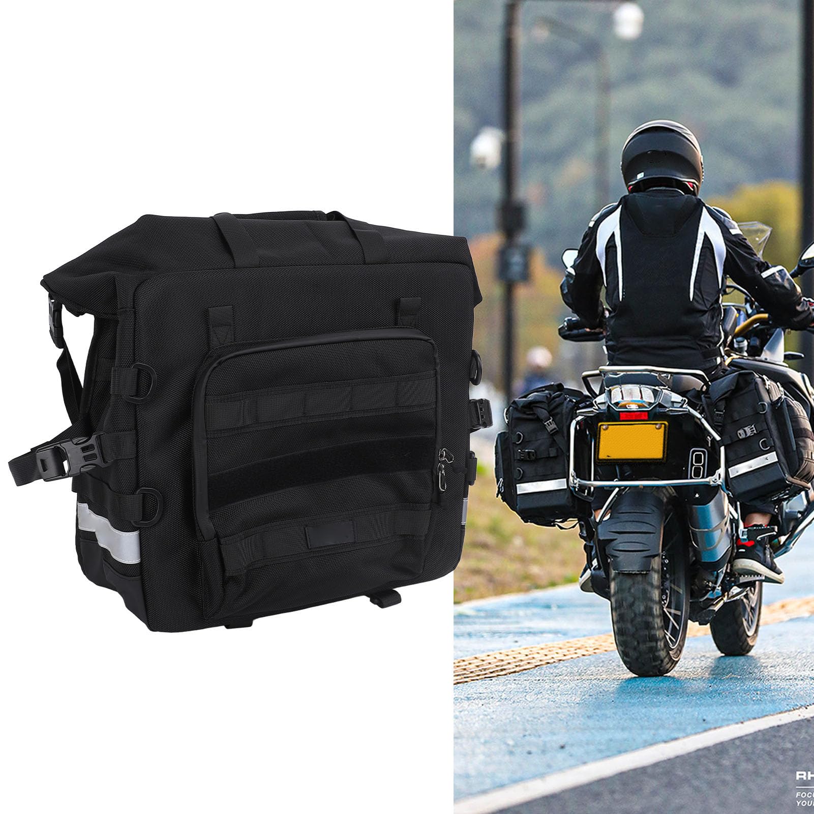 Torba Podsiodłowa Motocykla Wodoodporna 25L Szybkozłączka do Podróży z Paskiem Odblaskowym Czarna 15x6,7x15,4 Cala