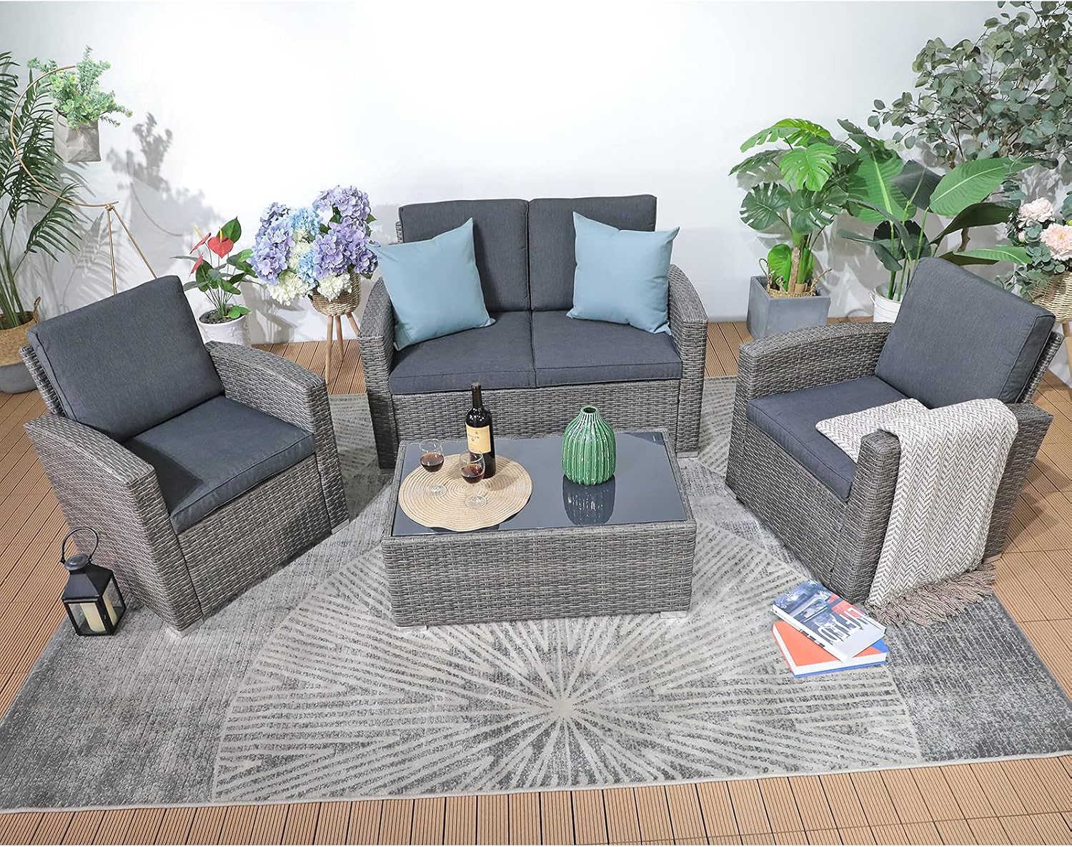 JOIVI Patio Furniture Set, 4 Piece Outdoor Patio Conversation Set, All-Weather PE Rattan Wicker Sectional Patio Sofa Set with Tempered Glass Coffee Table, Dark Gray : Patio, Lawn & Garden