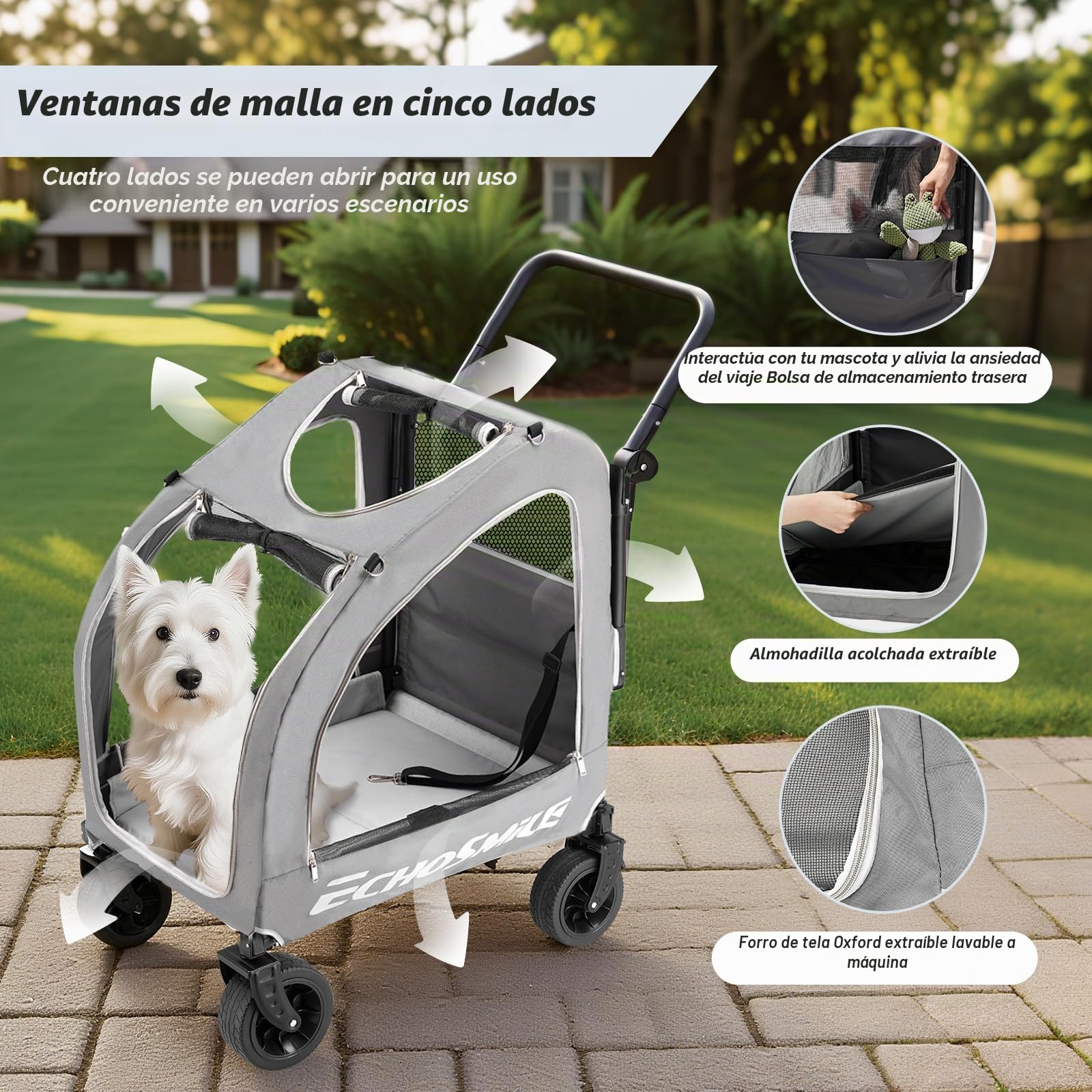 EchoSmile Carrito para Perros pequeños y medianos 20 kg, Carro Perro Plegable, Todoterreno con Doble Freno, Cinturones de Seguridad y Ventanas de Malla, Gris