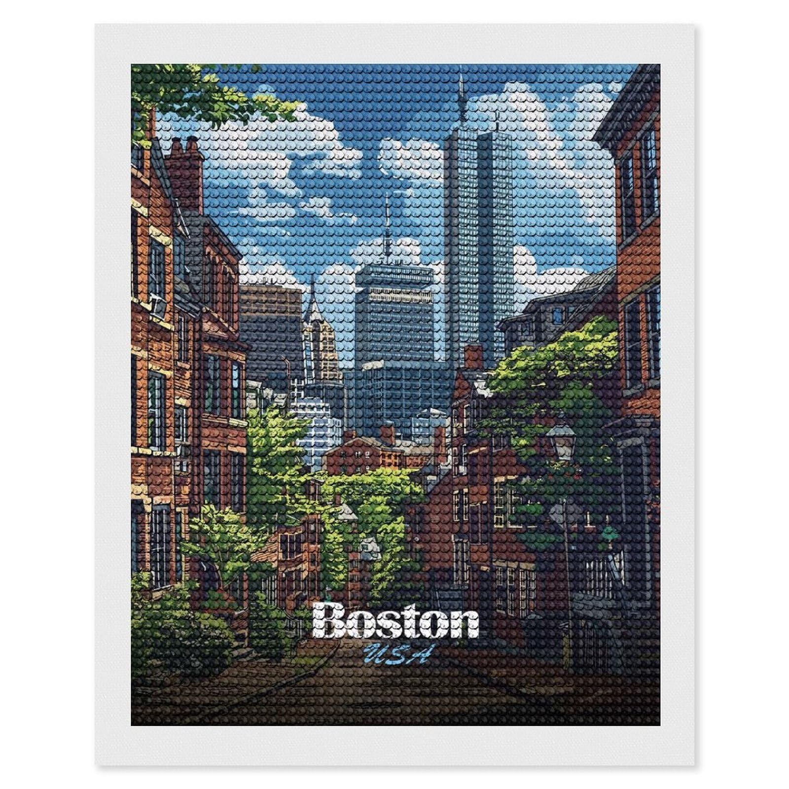 Junmoney Boston USA Cityscape Illustration Diamond Painting Canvas Set 16"x20", for Adults, Sparkling Round Gems, Thoughtful Handmade Gift, Modern Decor