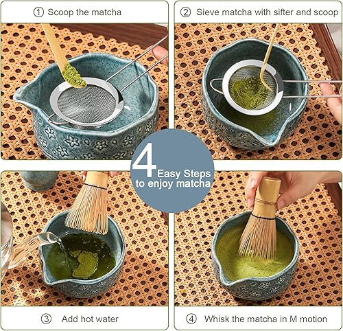 Miniatura 5 de Juego de batidor de matcha, 7 piezas, incluye cuenco de cerámica azul matcha, batidor y soporte, cuchara de bambú, soporte de cuchara, tamiz y