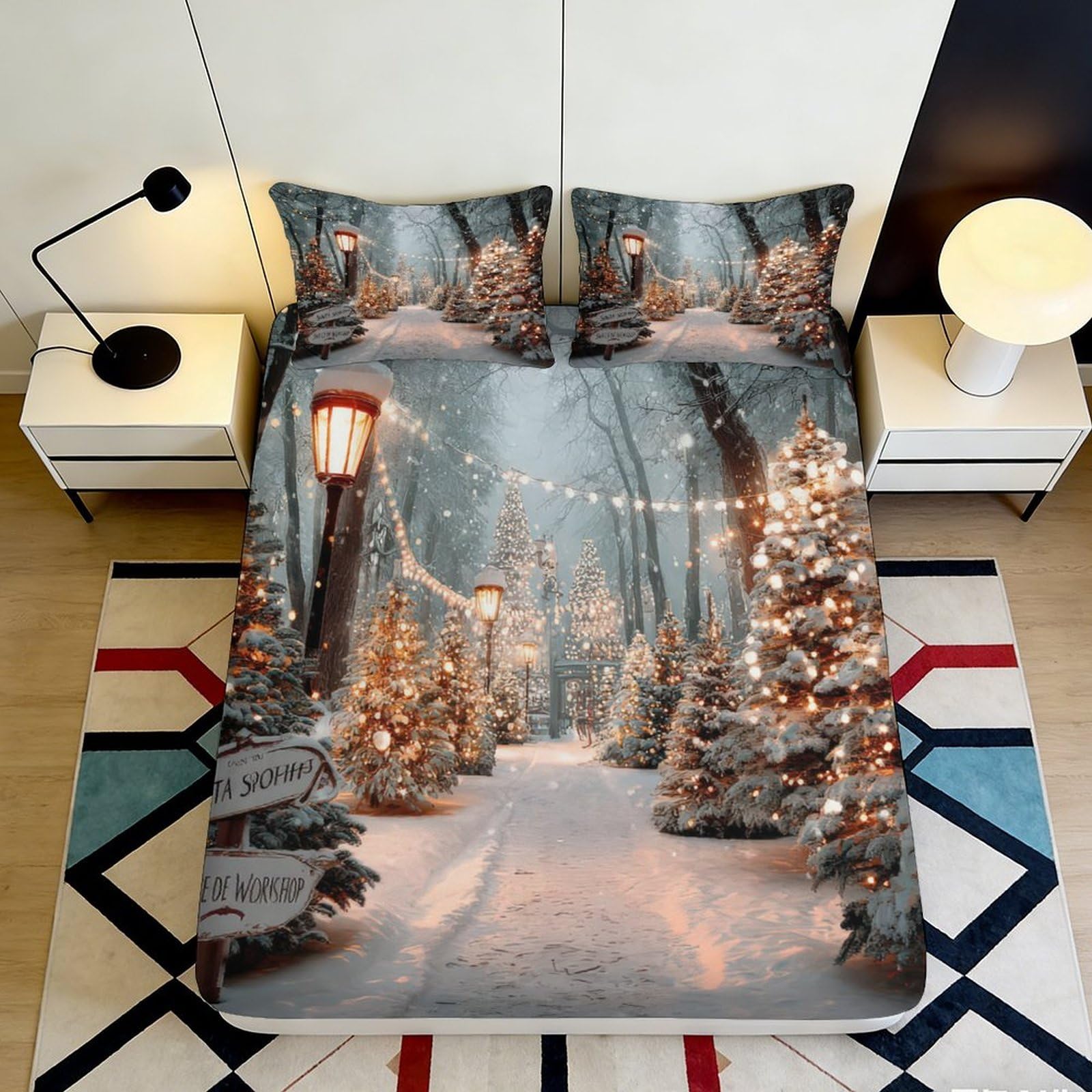 3D Printed Winter Forest Fitted Sheet Microfiber Soft Snowy Christmas Tree Mattress Cover Bedroom Decor 200x200x25cm
