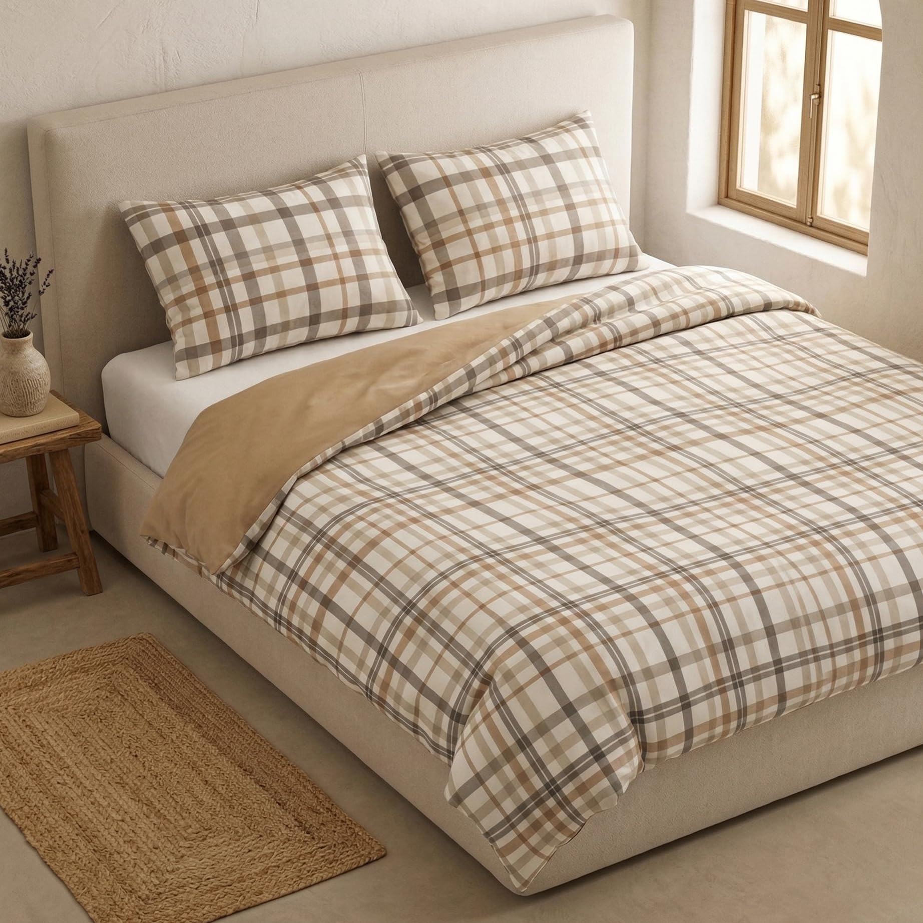 Duvet Cover Set 100% Cotton Checked Vichy 135/140 cm Bed with Pillowcases, Stone/Grey Reversible, No Filling Included.
