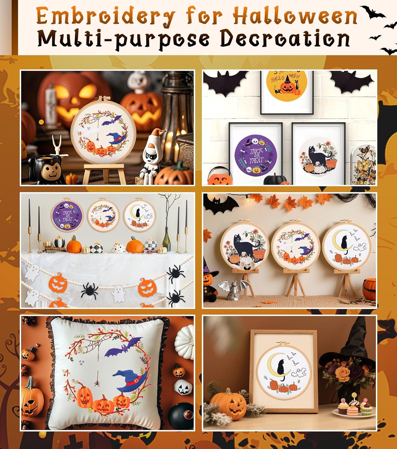 Spearlcable Halloween Embroidery Kit for Adults Beginner, 5 Pack Halloween Cross Stitch Kit, Pre-Printed Fabric Decorations Embroidery Starter Kit for Beginners Gifts DIY Craft