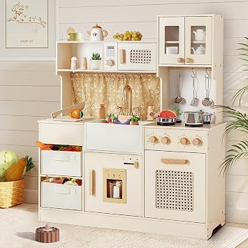 labebe Wooden Play Kitchen for Kids, Toy Kitchen Set with Ice Maker, Stove, Sink, 15 Accessories, Extra Storage with 2 Bins, Pretend Play for Boys & Girls Ages 3+