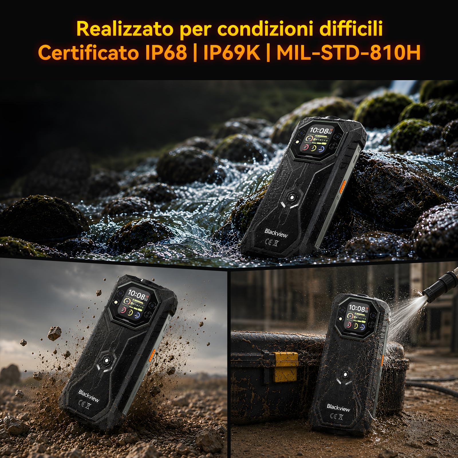 Blackview ROCK 1 Android 16 Rugged Smartphone 15000mAh,Telefono Indistruttibile per Esploratori e Outdoor, Doppio Schermo,24GB+256GB,Fotocamera Notturna 20MP, Gemini AI/NFC/3 Anni di Garanzia