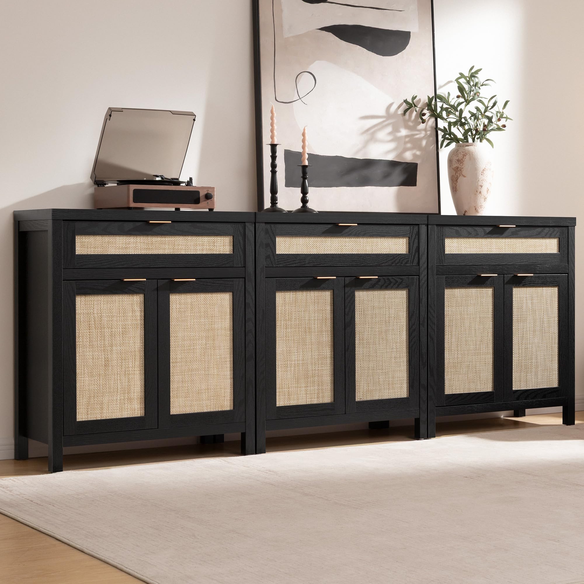 SICOTAS Sideboard Buffet Storage Cabinet Set of 3, Rattan Credenza Buffet Table, Modern Console Accent Cabinet with Doors and Drawer, Coffee Bar for