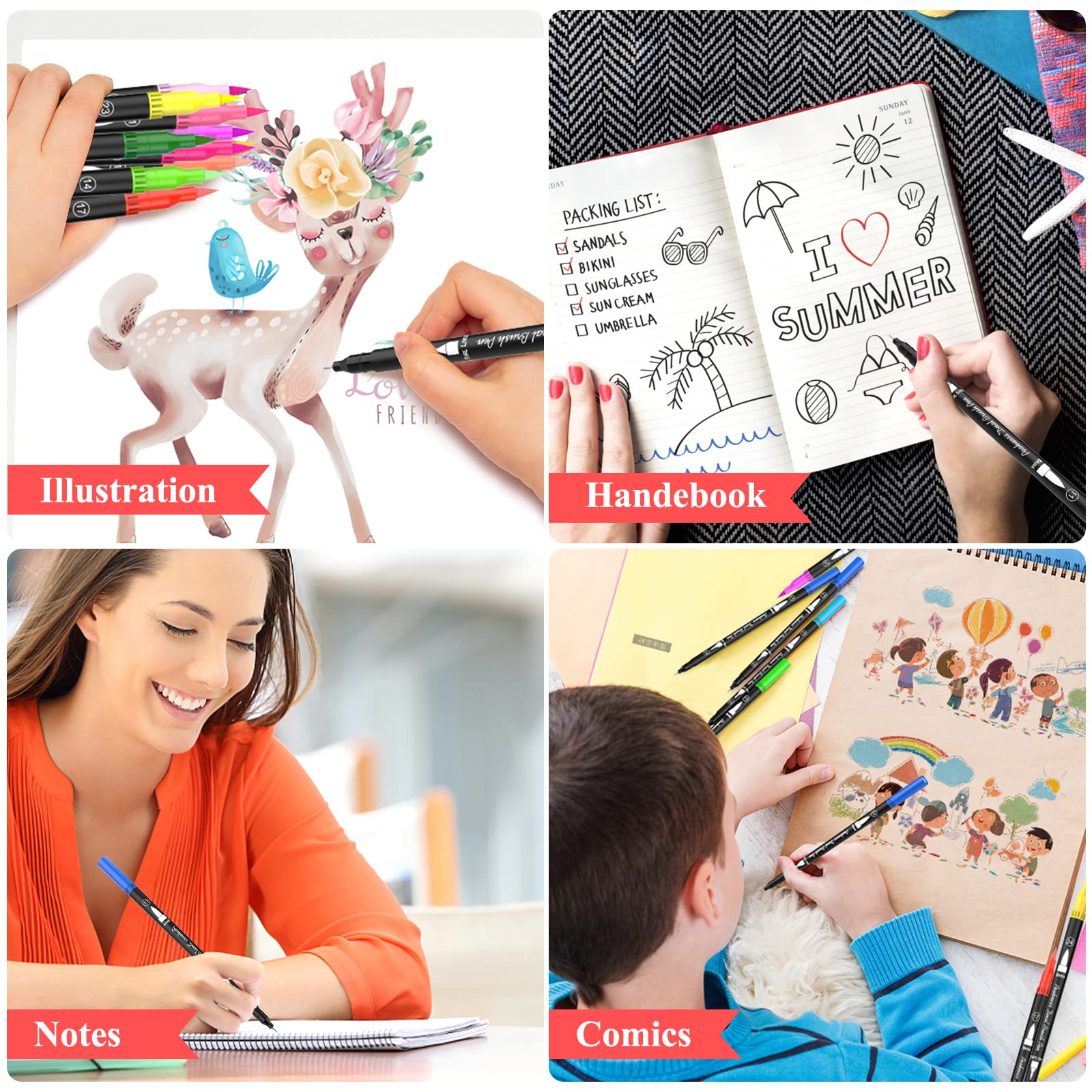 Brush Pen 24 Colori, Pennarelli Doppia Punta Fine Pen 0,4 mm e 1-2mm Punta Brush, per Bambini e Adulti Calligrafia, Pittura, Colorazione, Disegnare a Scuola