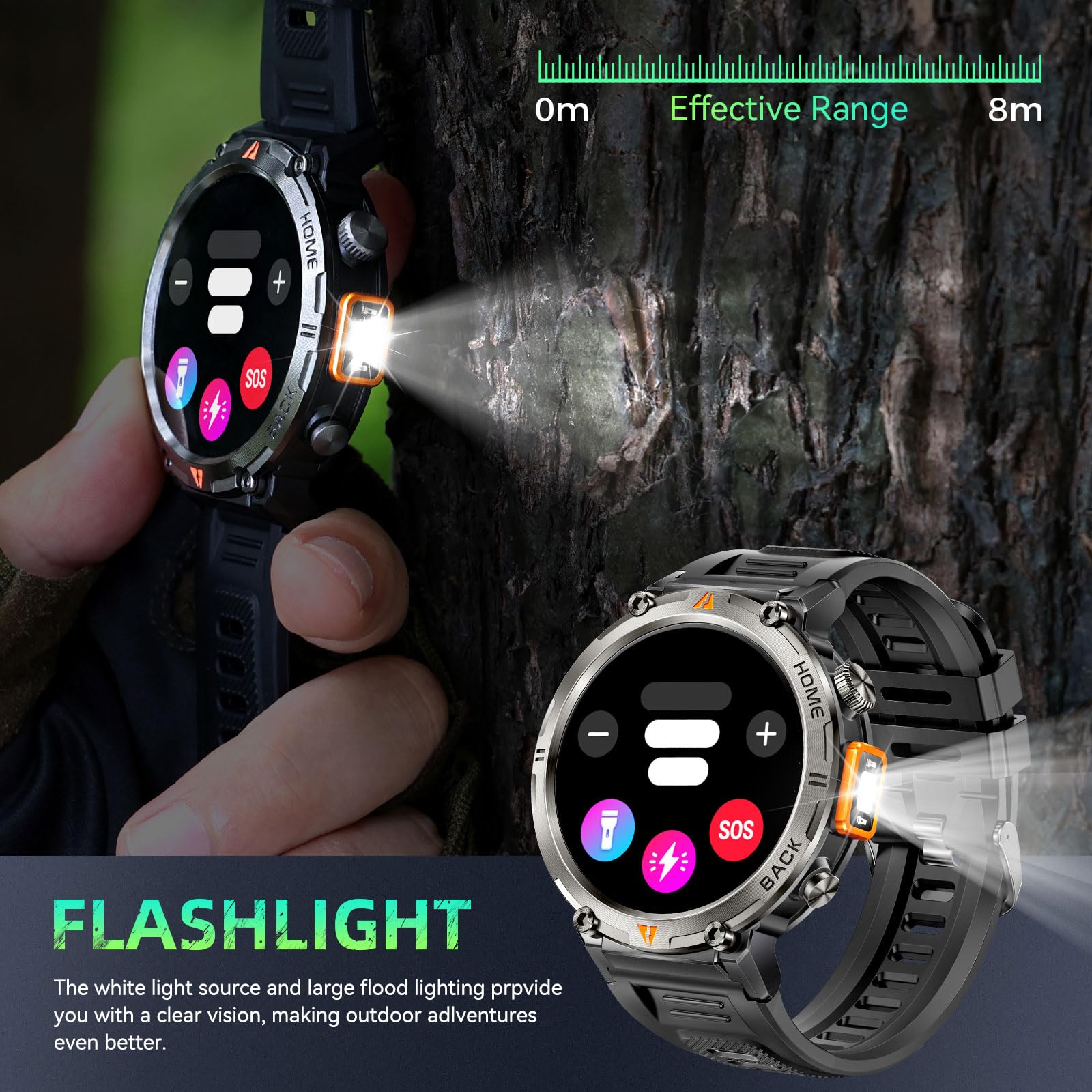 GPS Smartwatch Militare Uomo Impermeabile 3ATM con Torcia LED Bussola, 1,45" HD Rugged Smartwatch Orologio con Chiamate Bluetooth, Fitness Watch con Cardiaca SpO2 Notifiche WhatsApp per Android iOS