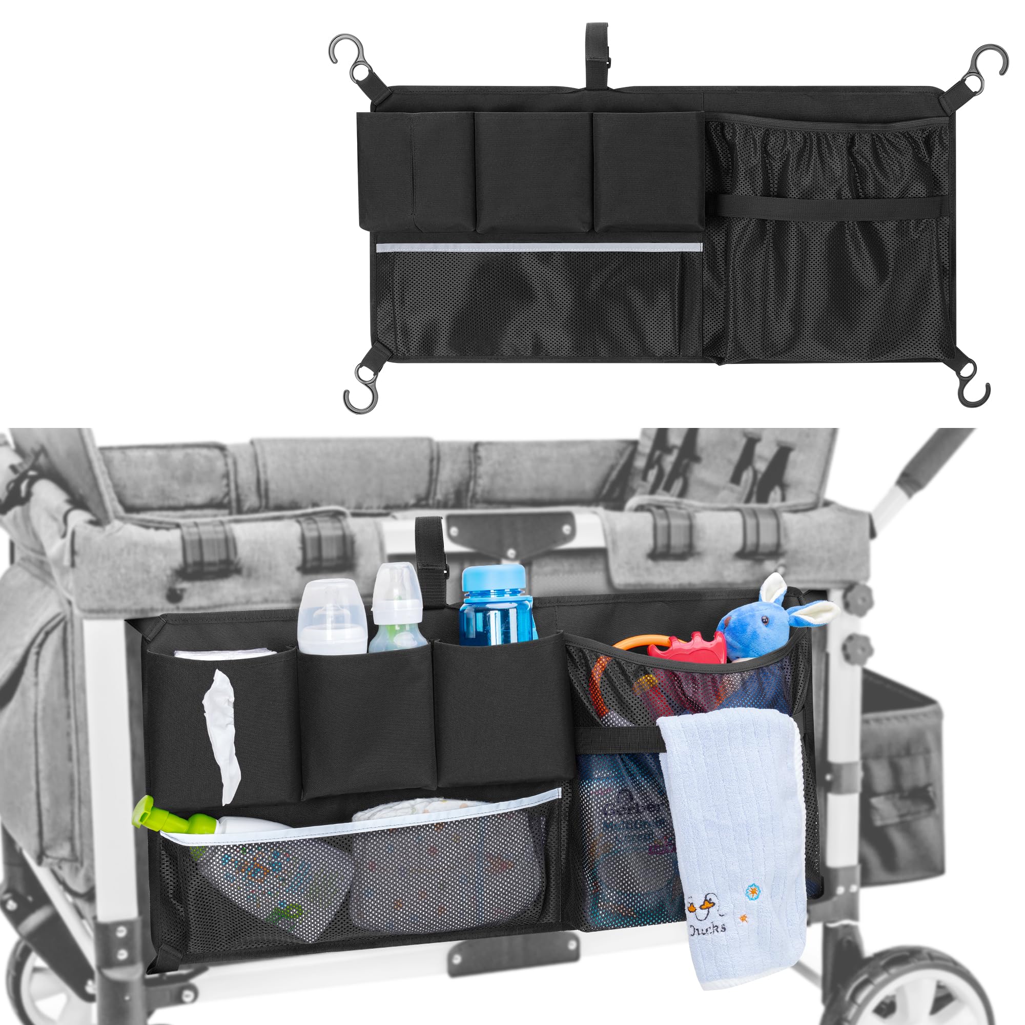 Stroller Wagon Cargo Net Compatible with WONDERFOLD All W-Series Models, Stroller Wagon Accessories Organizer with Sorting Pockets, Large Capacity Mesh Cargo Storage Net for Dry Wet Separation