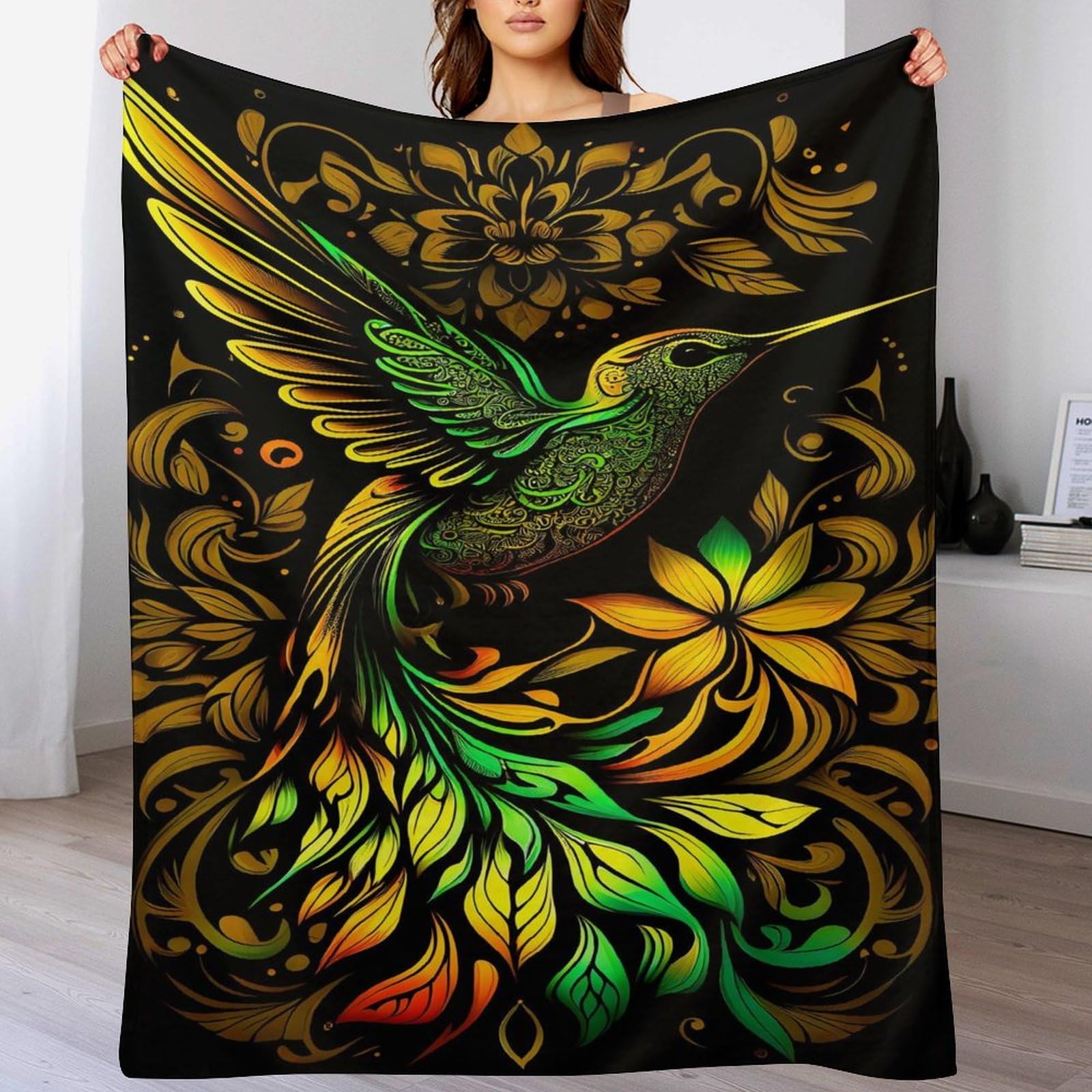 Couverture quatre saisons en flannel douce, jeté de lit motif oiseau élégant 150x200cm
