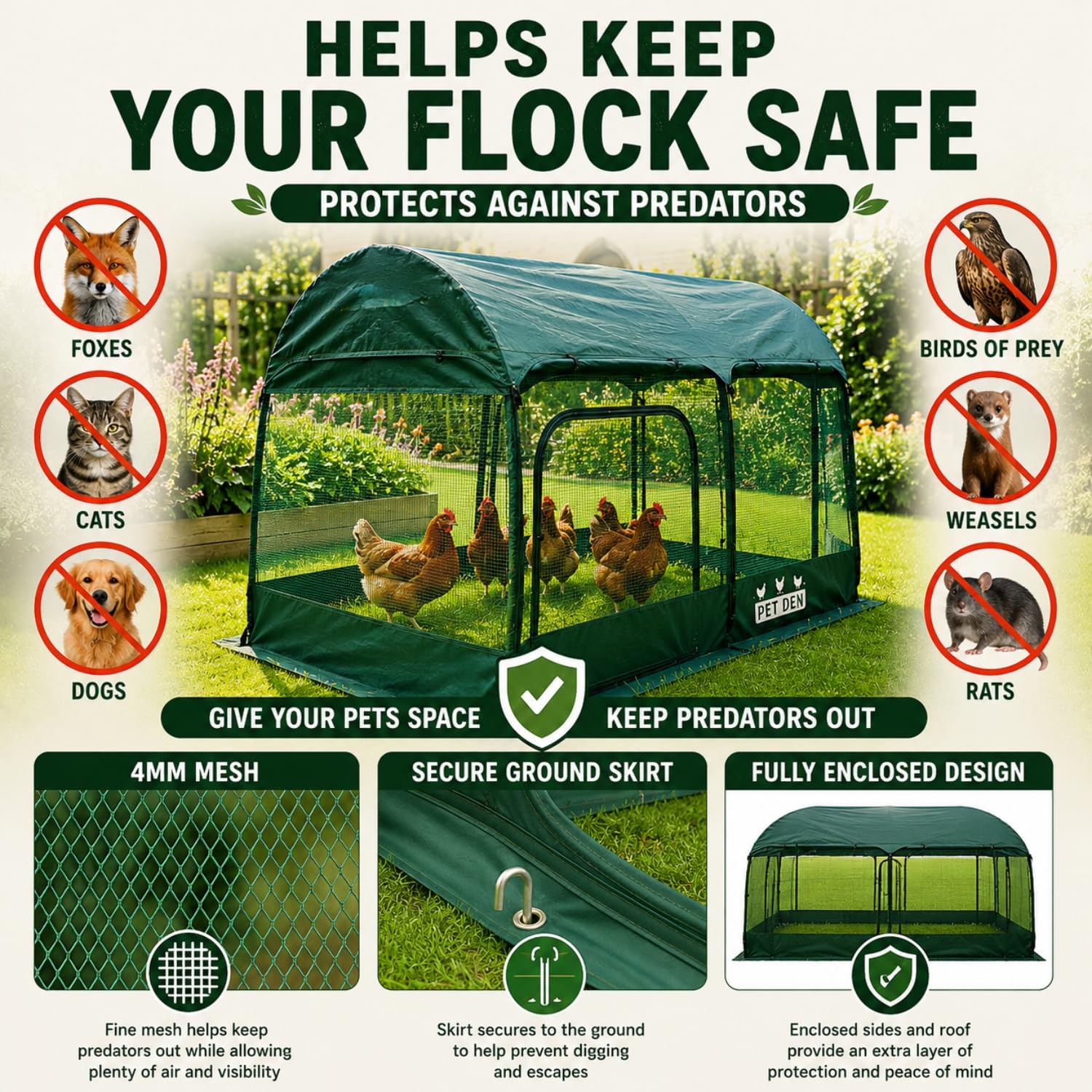GardenSkill Poulailler Cage a Lapin Exterieur 200x100cm | Tunnel Maison pour Cochon d'Inde Poule | Enclos de Jardin pour Petits Animaux de Compagnie | Abri avec Filet de Protection | 3 Portes Zippées