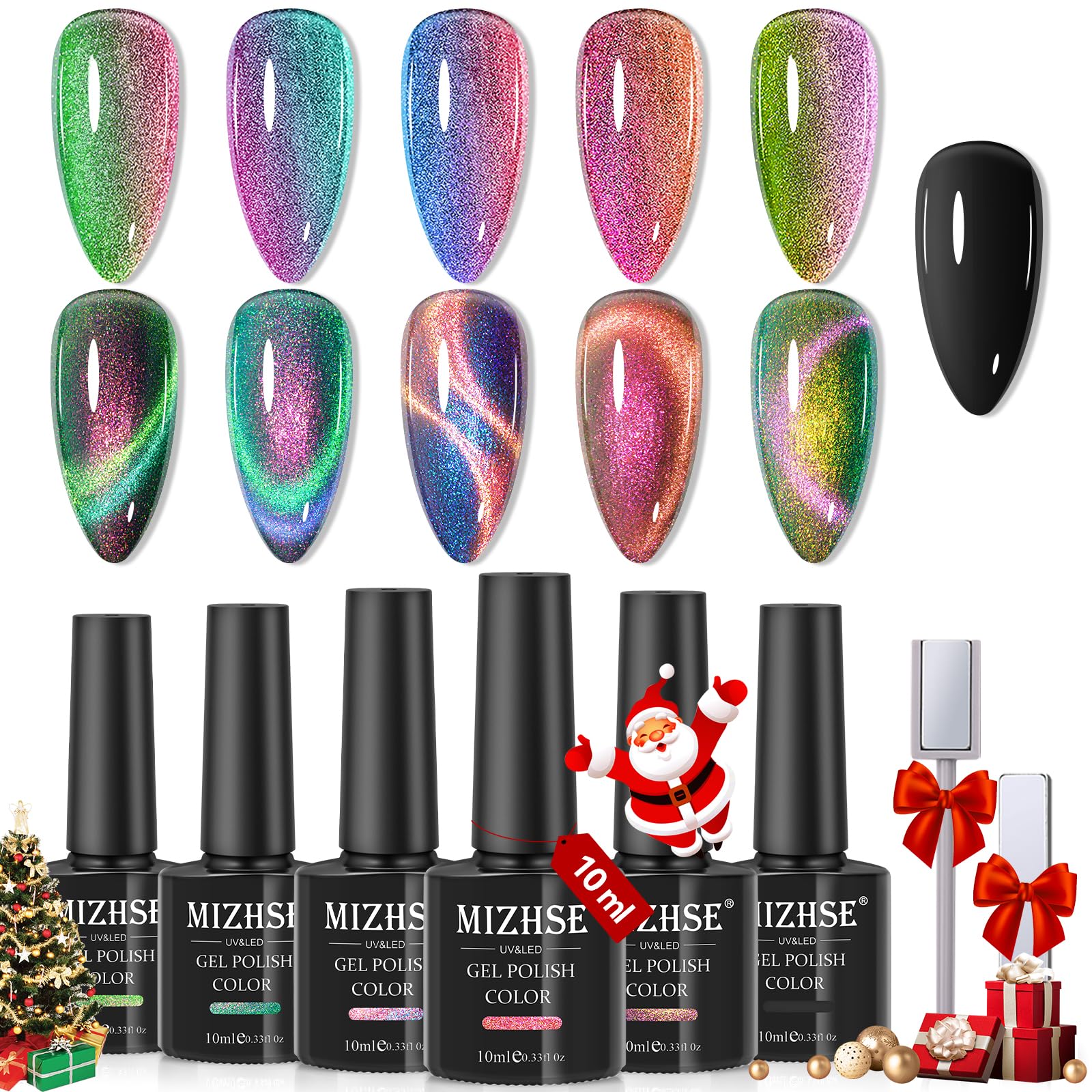 MIZHSE 9D Cat Eye Gel Nail Polish: Magnetic Gel Polish Set 10 ml 6 Colors with 2 Magnet Sticks, Chameleon Magic Galaxy Shiny Effect Cateye Nail Polish Soak off Nail Art Gift for Ladies