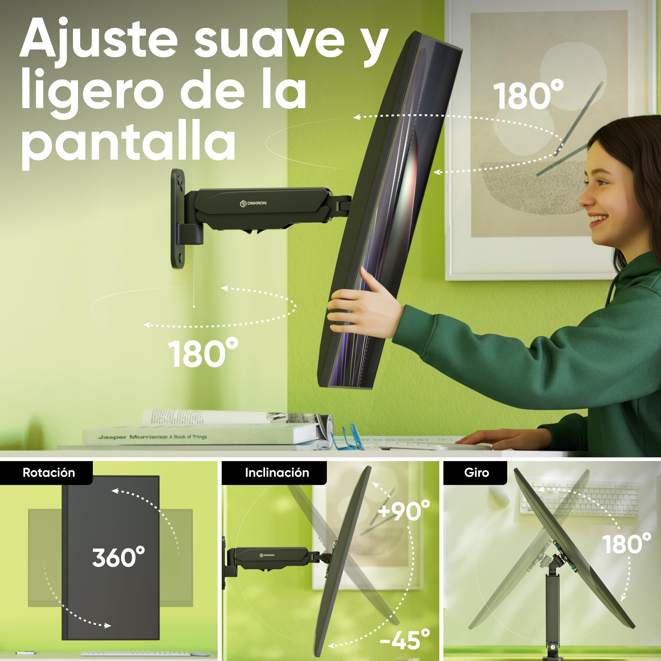 ONKRON Soporte TV y Monitor de Pared 13-34 Pulgadas, Brazo Monitor hasta 8 kg, VESA 75x75-100x100 mm, Soporte para Pantalla de Pared Articulado, Giratorio e Inclinable, Universal, Mural, Negro G120-B